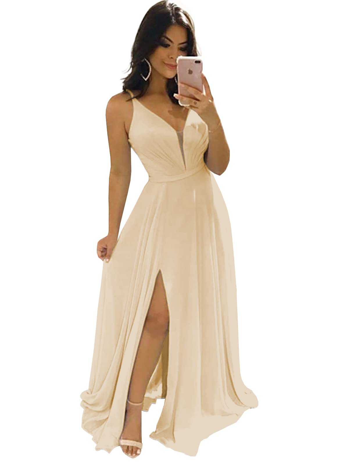 Elegant Chiffon Bridesmaid Dresses - Long V-Neck Backless Wedding Guest Gowns with High Slit for Women | Perfect for Beach Weddings, Formal Events & Evening Parties