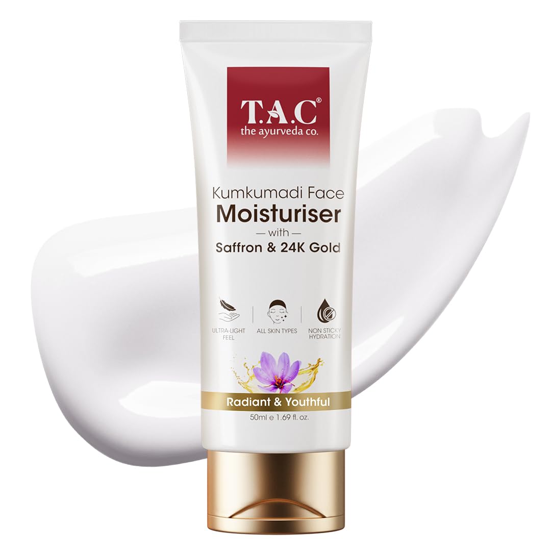 TAC Kumkumadi Gold Glow Face Moisturizer with Saffron & 24K Gold - Hydrating Non-Sticky Face Cream for Glowing Skin - Reduces Pigmentation & Dark Spots - Brightening Essence for Radiant & Youthful Skin - 50ml - Perfect for Daily Skincare Routine & Nighttime Hydration