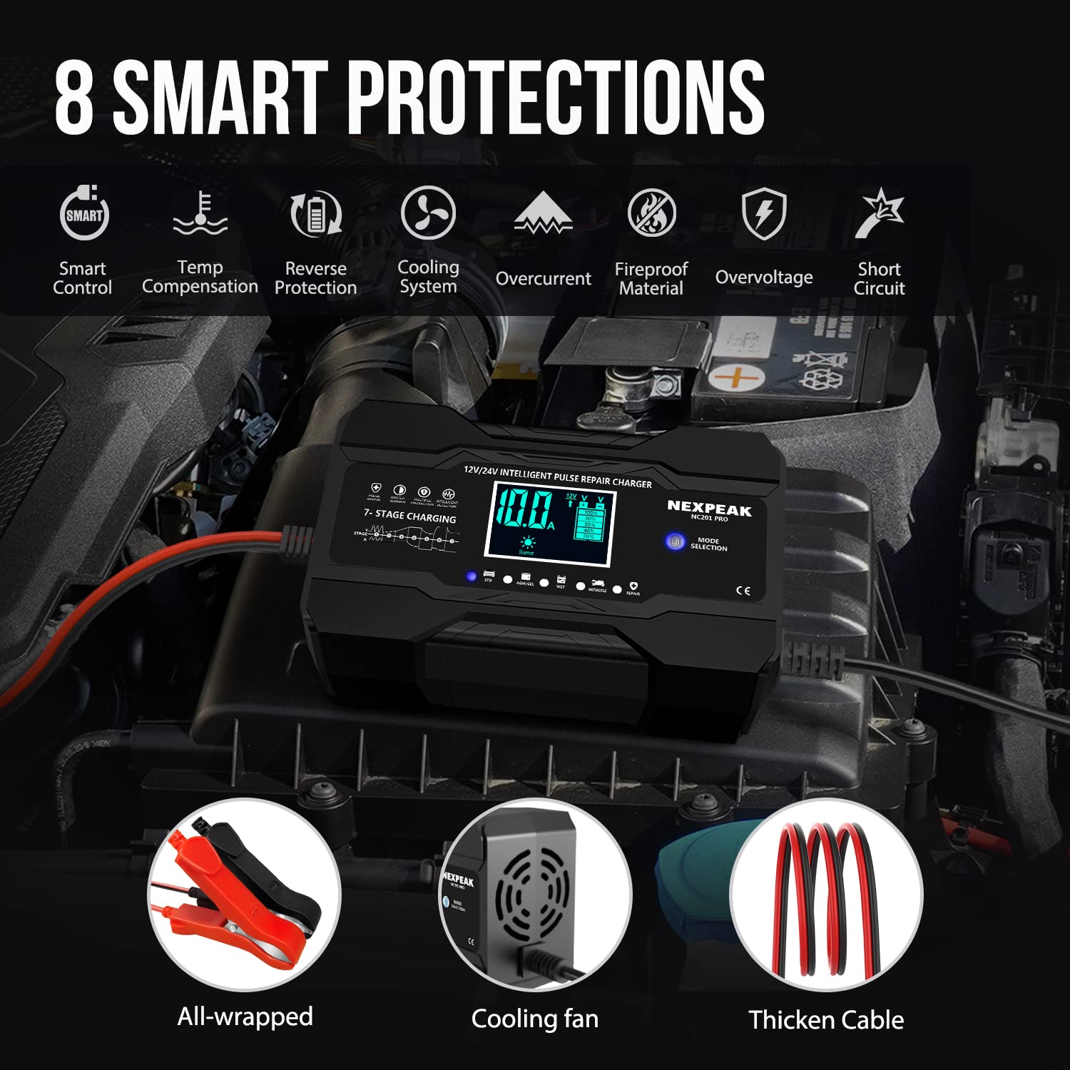 NEXPEAK 10-Amp Smart Car Battery Charger - 12V/24V Fully Automatic Trickle Charger & Maintainer with Temperature Compensation for Trucks, Motorcycles, Lawn Mowers, Boats & Marine Lead Acid Batteries - Ideal for Winter Storage, RV Maintenance & Long-Term Vehicle Preservation