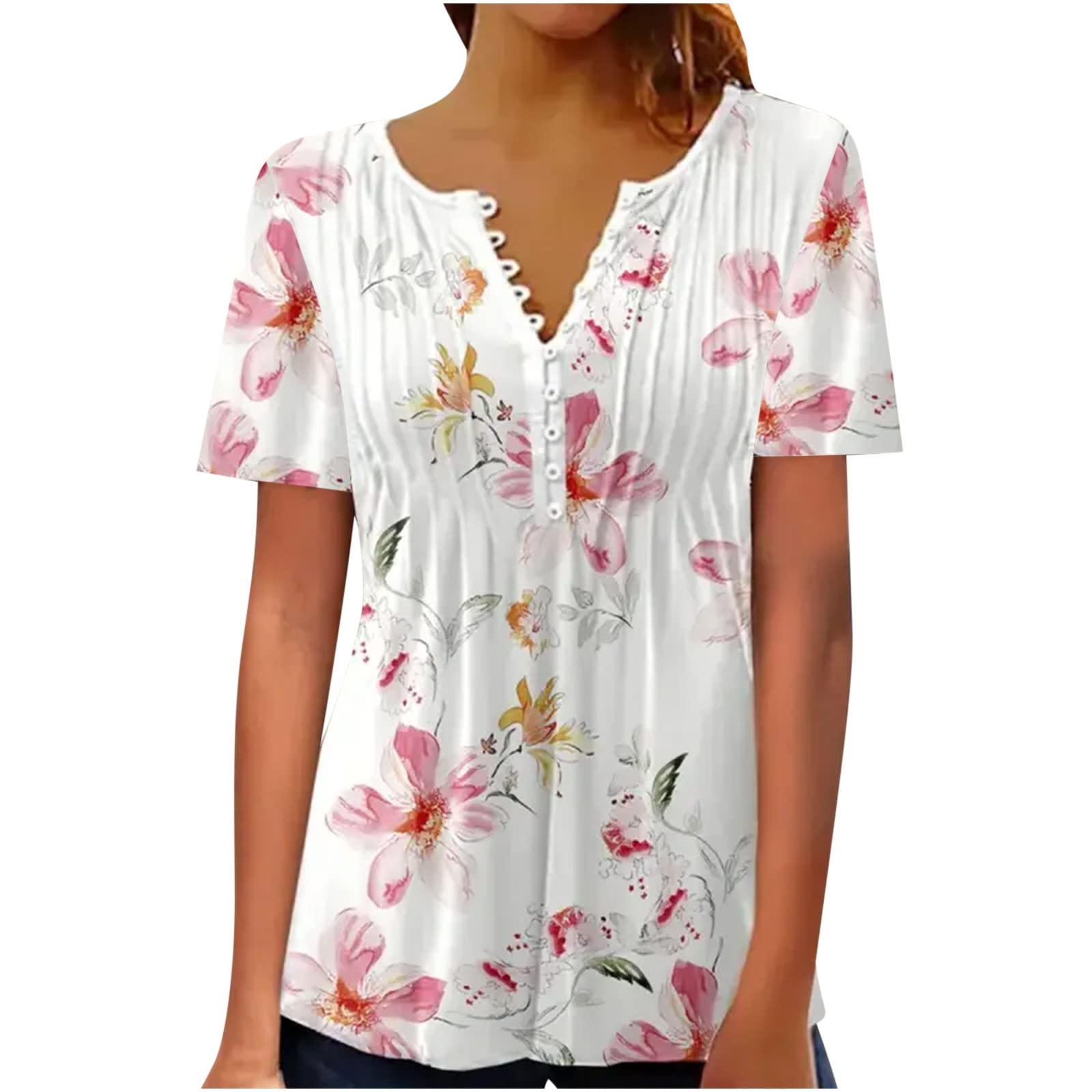 Women's Floral Printed Short Sleeve V-Neck Tunic Blouse - Casual Button Down Shirt for Work, Party & Birthday Gifts | Perfect for Office Wear, Date Nights & Summer Outfits