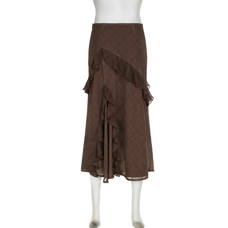 Elegant Asymmetrical Brown Boho Long Skirt - Vintage Chiffon Ruffles Stitched Plaid Skirt for Women | Perfect for Autumn Parties, Weddings & Boho Fashion Outfits