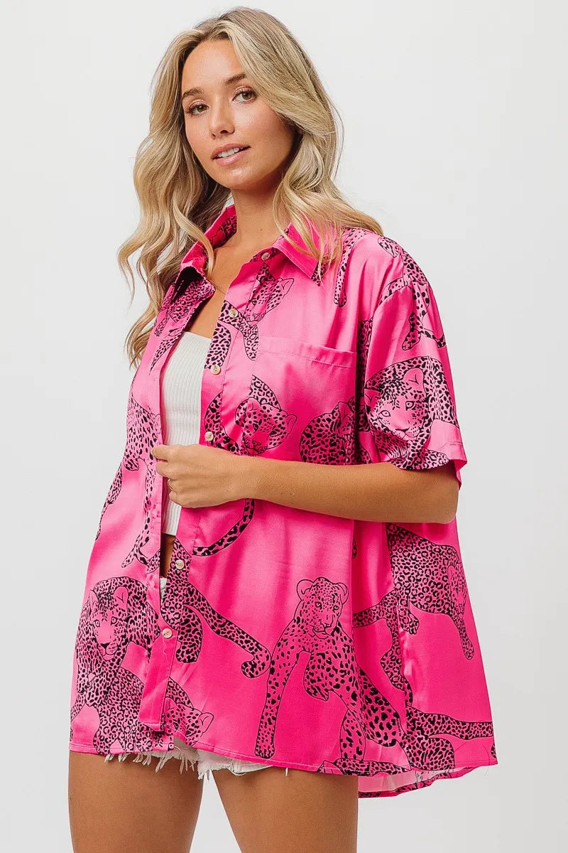 BiBi Leopard Print Short Sleeve Silky Satin Shirt Top for Women - Fashion Blouse for Casual Wear, Night Out & Office Outfits