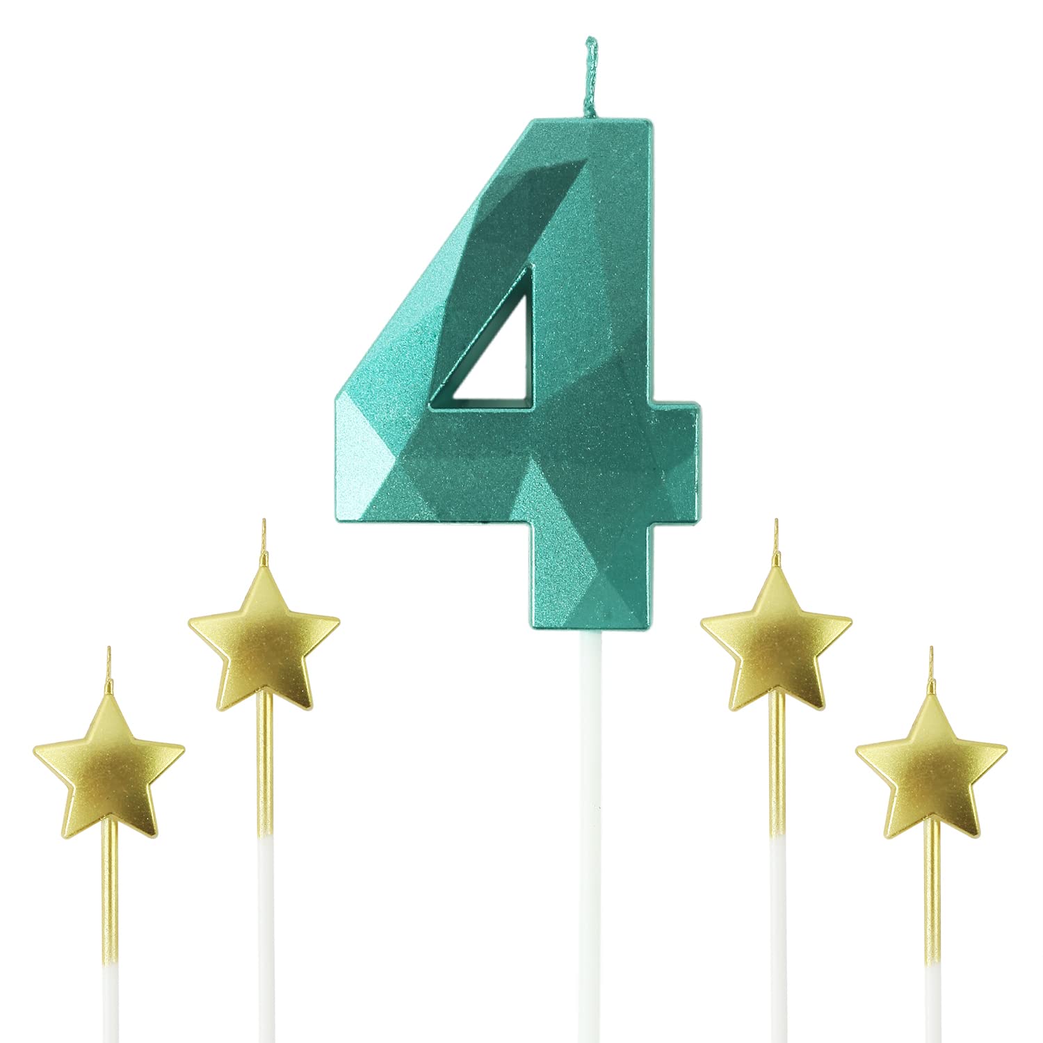 Green Number 4 & Star Birthday Candles - 2.76 Inch 3D Diamond Shaped Cake Candles for Birthday Parties, Anniversary Decorations | Perfect for Cake Toppers, Cupcake Decor, and Special Celebration Cakes