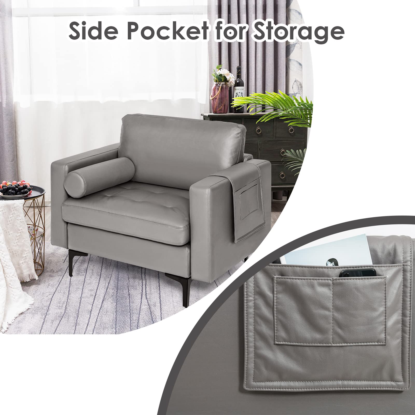 Giantex Set of 2 Single Sofa Chairs with Cushion & Bolster, Upholstered Armchairs with Magazine Pockets - Dark Grey Living Room Furniture for Bedroom, Reception & Leisure Spaces