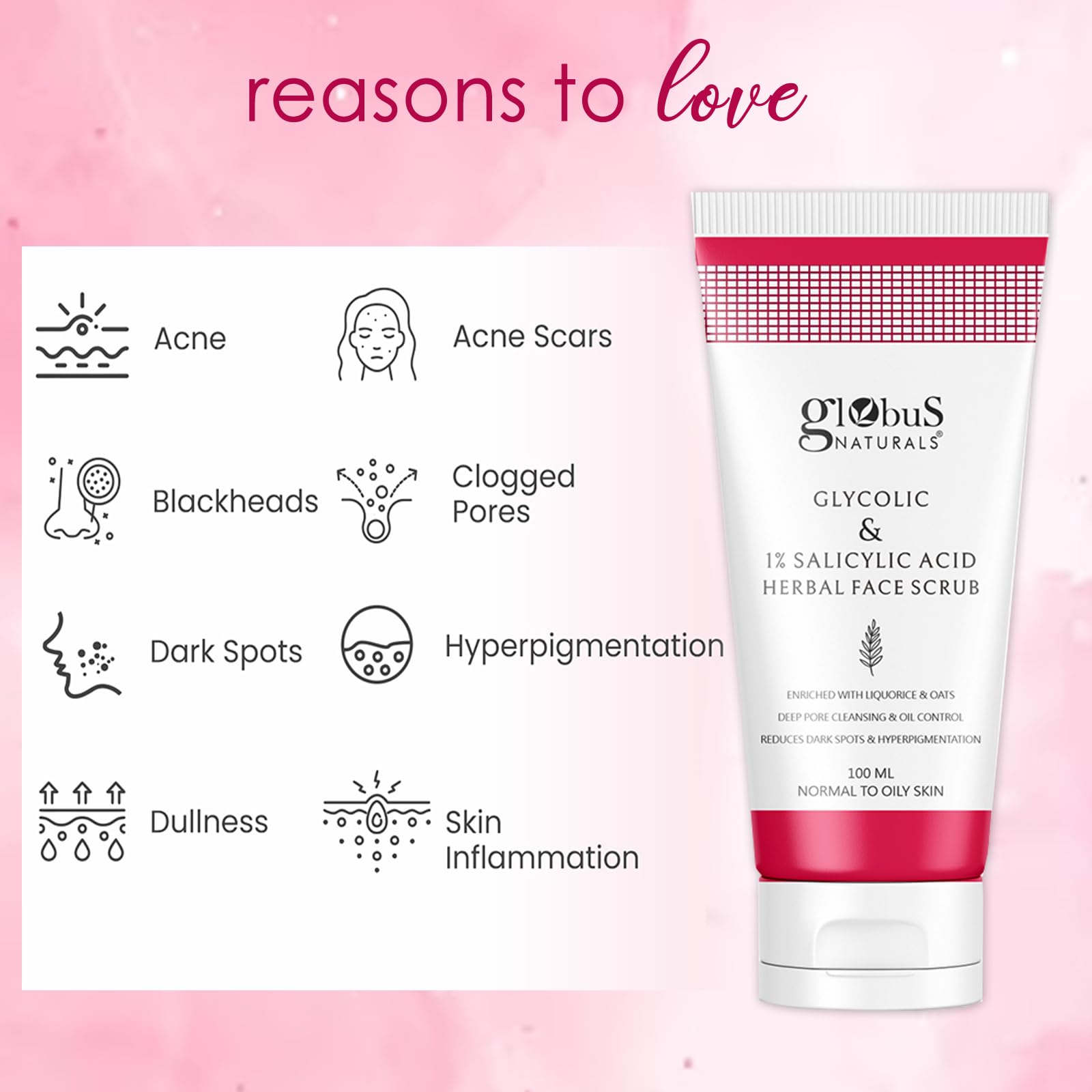 Globus Naturals Glycolic & 1% Salicylic Acid Anti-Acne Face Scrub with Licorice & Oats – Deep Pore Cleanser for Oily Skin, Reduces Dark Spots & Hyperpigmentation – 100g | Perfect for Daily Exfoliation & Acne-Prone Skin Care Routine