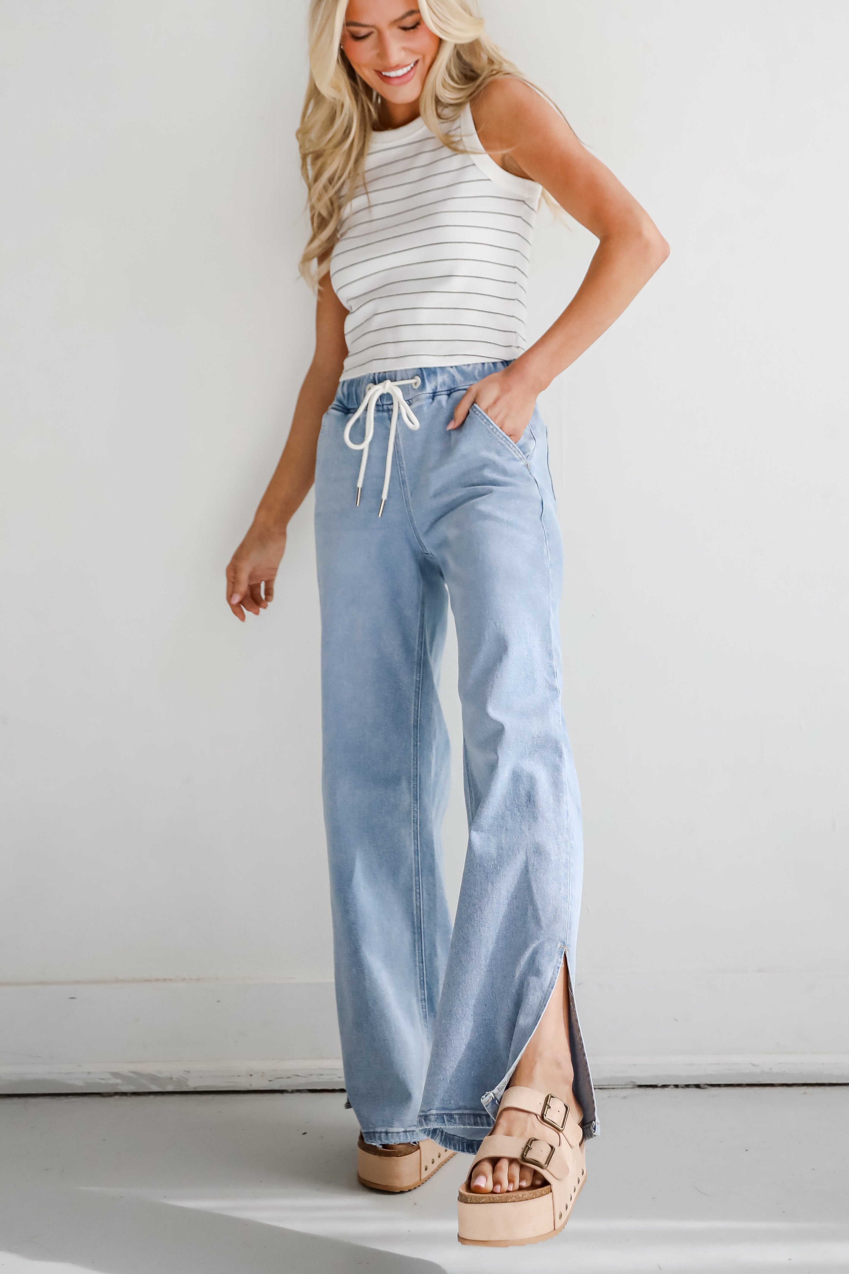 Carla Light Wash High Rise Drawstring Waist Wide Leg Jeans for Women - Comfortable Stretch Denim Pants for Casual Wear & Everyday Outfits