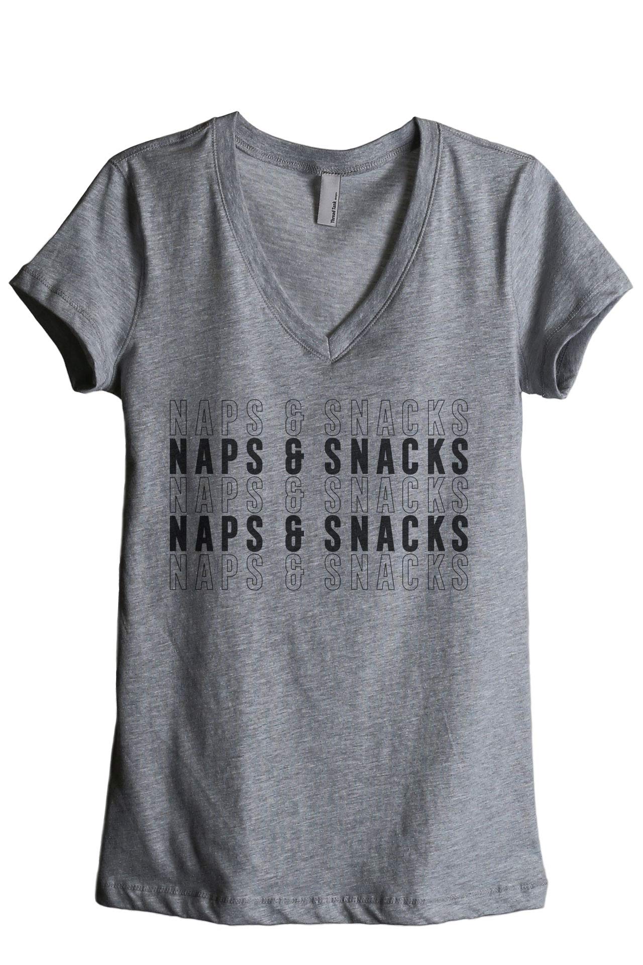 Thread Tank Naps and Snacks Women's Relaxed V-Neck T-Shirt - Comfortable Casual Tee for Everyday Wear, Lounging & Weekend Outfits