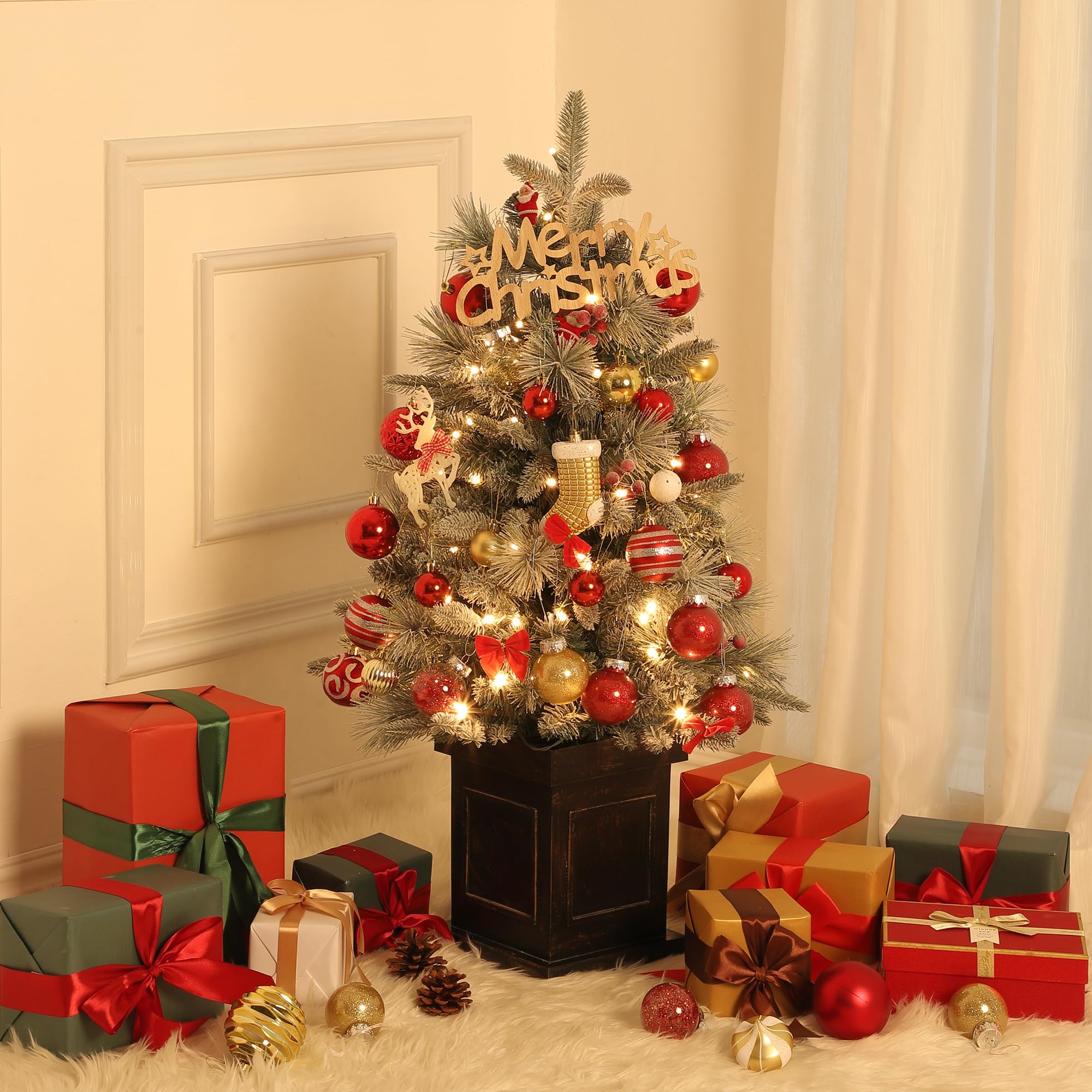 GARVEE 3ft Pre-Lit Flocked Artificial Christmas Tree with Vintage Potted Base - 70 Warm White LED Lights & Red Berries - Holiday Decor for Home, Office, Party & Festive Entrance Decorations | Perfect for Living Room, Bedroom, Mantel & Holiday Displays