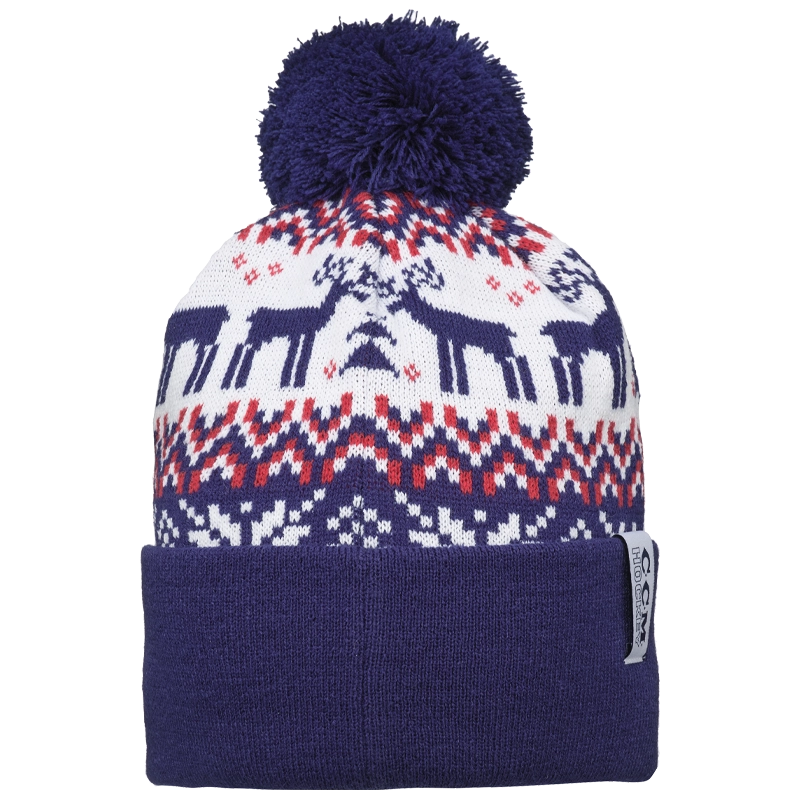CCM Holiday Pom Knit Beanie - Blue & Red Winter Hat for Men & Women - Perfect for Christmas, Skiing & Outdoor Activities