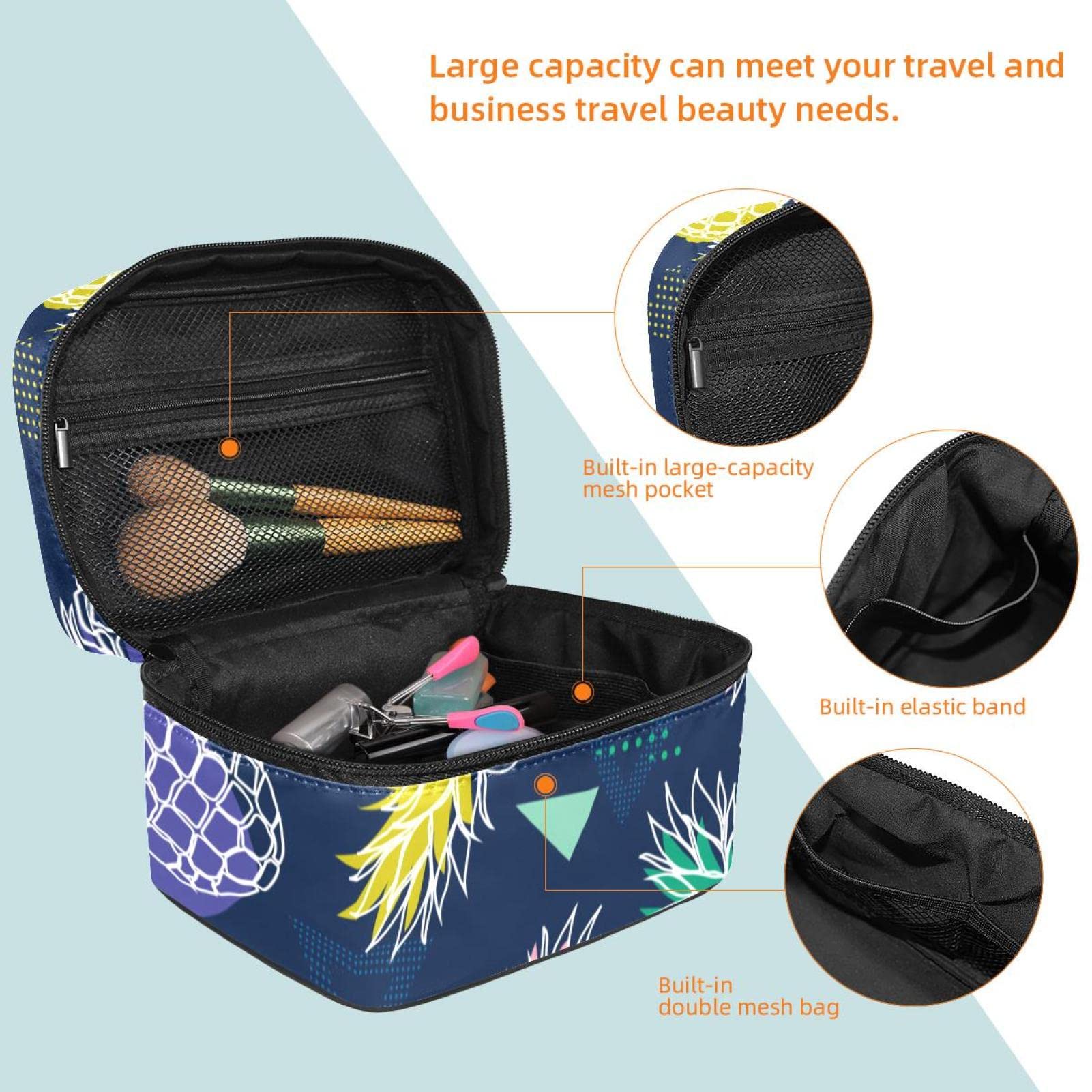 Portable Travel Makeup Organizer Bag for Women - Waterproof Cosmetic Case with Pineapple Navy Blue Design | Perfect for Toiletries, Makeup Storage & On-the-Go Beauty Essentials