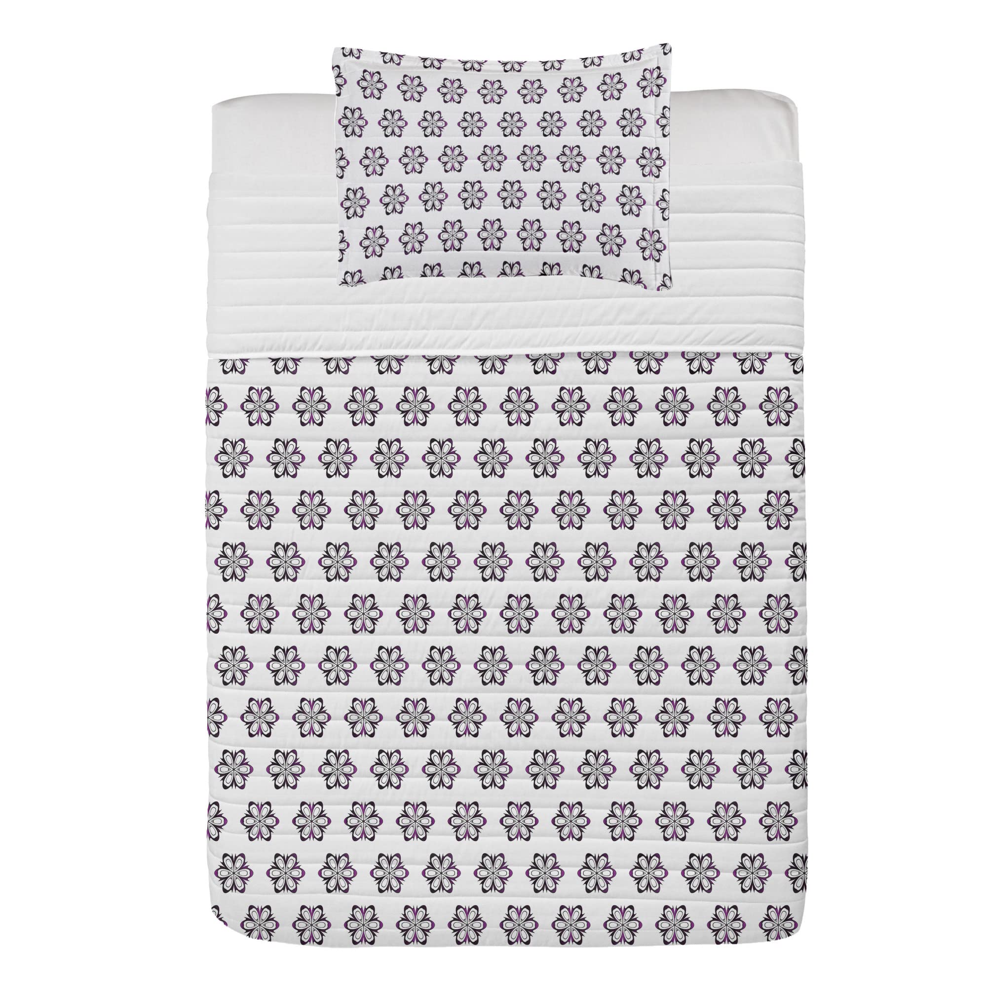 Ambesonne Floral Microfiber Bedspread Set - Twin Size White & Dark Purple Flower Pattern Bedding with Pillow Sham & Comforter | Soft Decorative Bed Cover for Guest Room, Master Bedroom & Dorm