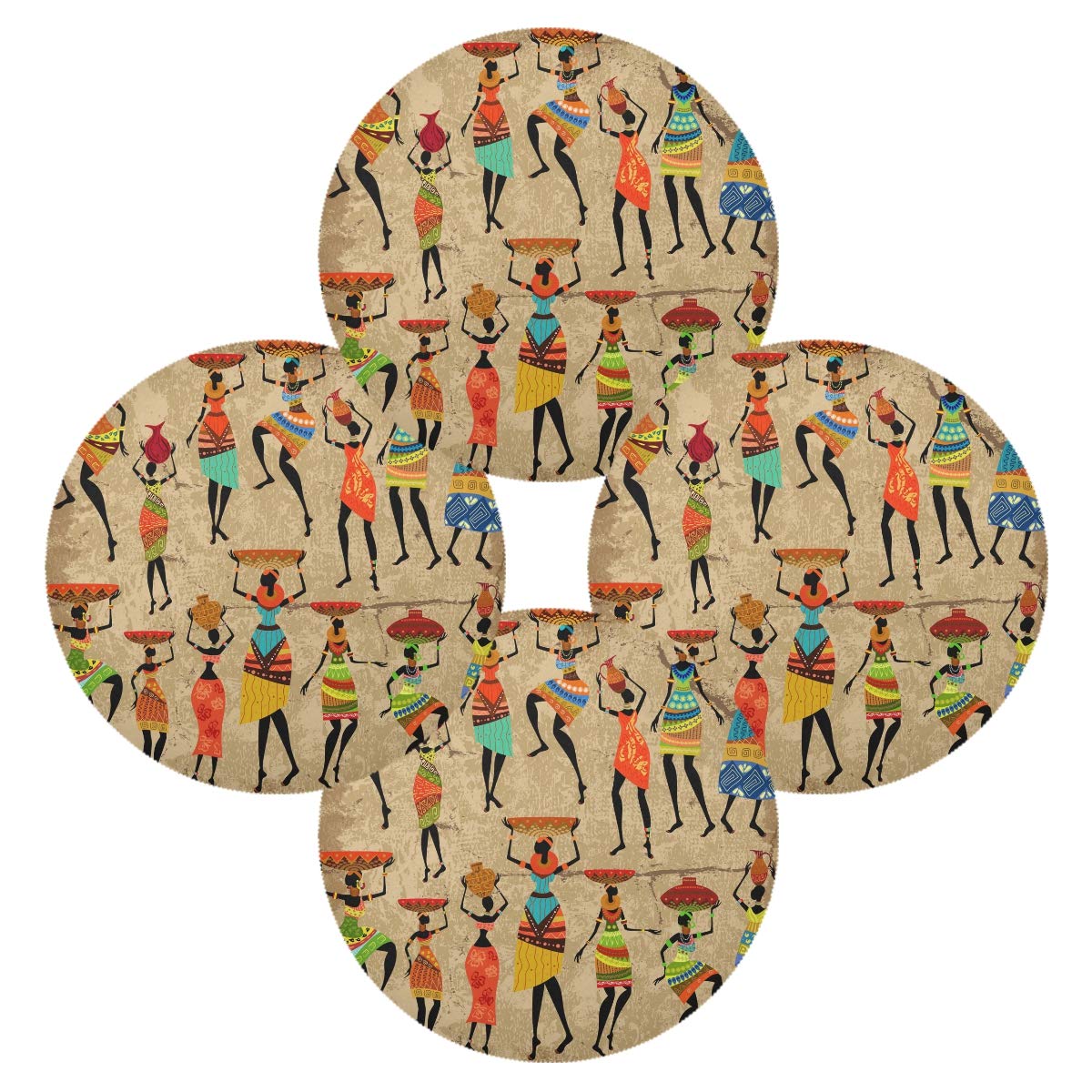African Grunge Style Round Table Place Mats Set of 6 - Non-Slip 15.4 Inch Kitchen & Dining Room Mats for Holiday Decor & Everyday Use