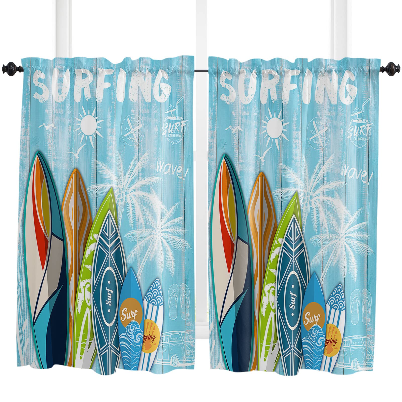 45 Inch Tier Curtains for Small Windows - Summer Surfing Short Half Curtains with Rod Pocket, Set of 2 Panels - Perfect for Kitchen, Bathroom & Coastal Home Decor