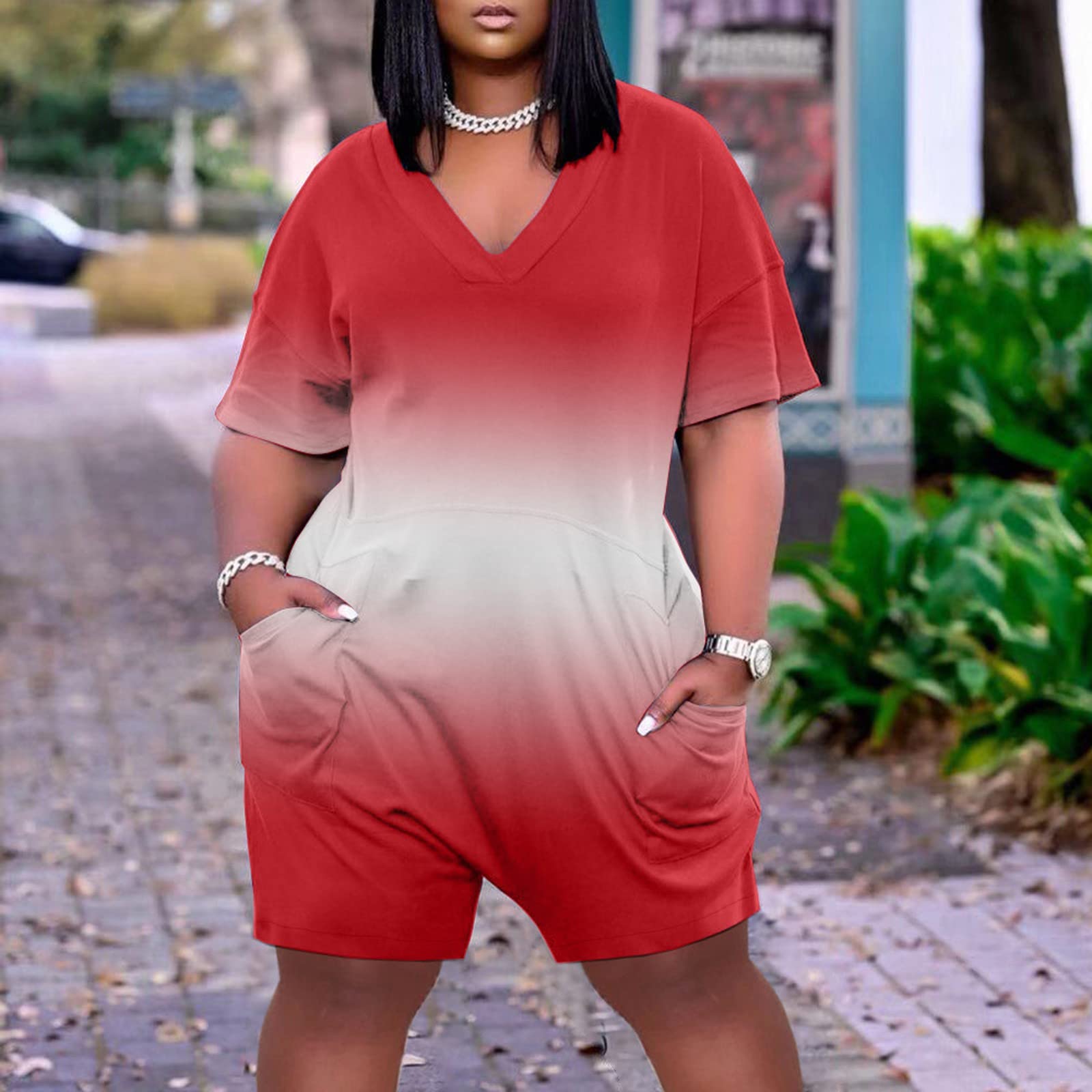 2024 Women's V-Neck Short Sleeve Jumpsuit with Pockets & Wide Leg Shorts - Casual Summer Romper (Sizes S-5XL) | Perfect for Beach Vacations, Weekend Outings & Summer Parties