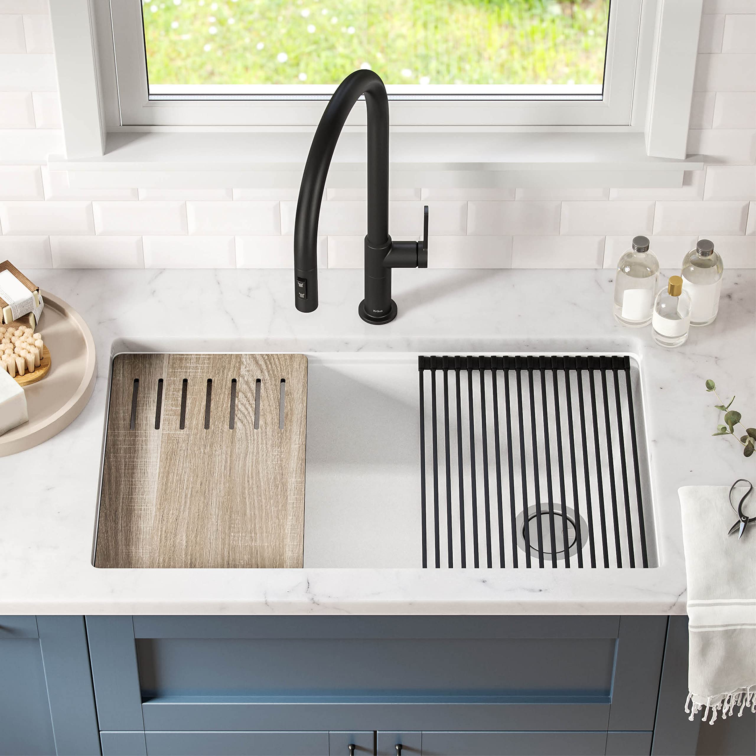 KRAUS Bellucci 32-inch Undermount Granite Composite Single Bowl Kitchen Sink in White with Accessories & WasteGuard™ Garbage Disposal - Perfect for Modern Kitchens, Dishwashing, and Food Prep (Model KGUW1-33WH-100-75MB)