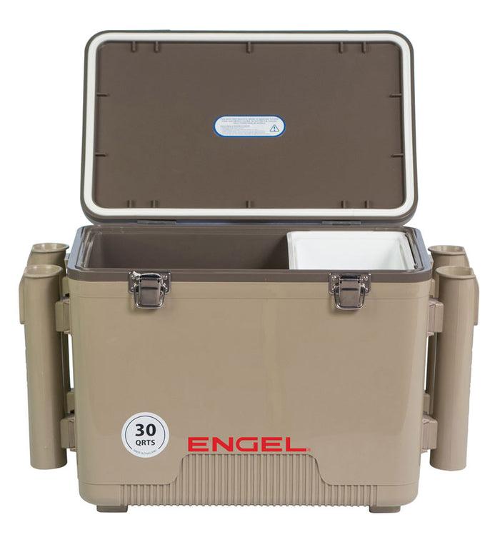 30 Quart Insulated Drybox & Cooler with Built-in Rod Holder - Tan - Perfect for Fishing, Camping, and Outdoor Adventures