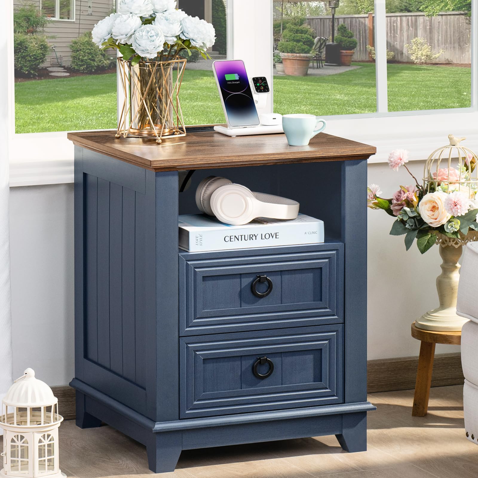 Farmhouse Style Nightstand Set of 2 with Charging Station & 6-Drawer Wood Dresser - 54