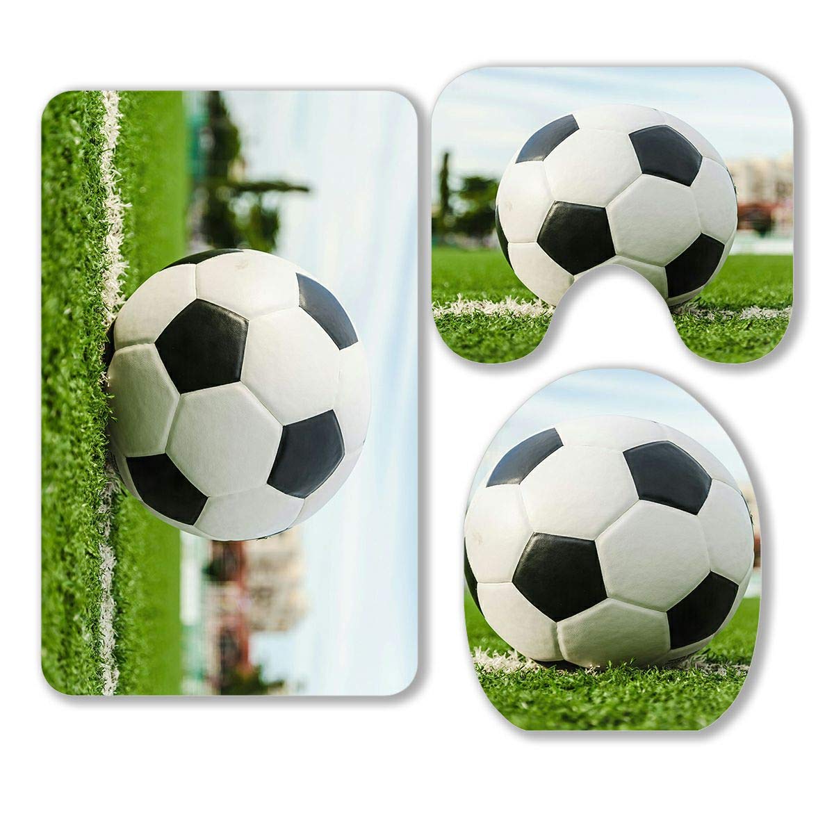 ABPHQTO 3-Piece Soccer Bathroom Rug Set - Green Grass Football Field Design, Non-Slip Bath Mat, Contour Rug & Toilet Lid Cover - Perfect for Sports Fans' Bathroom Decor