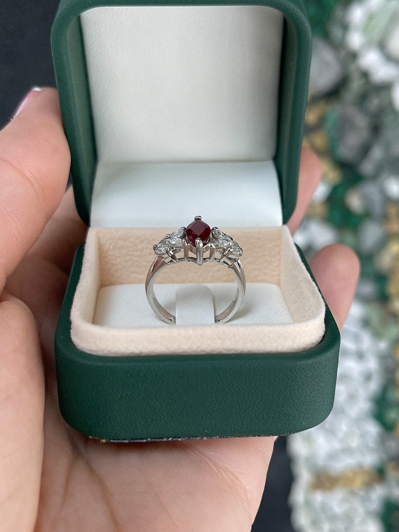 1.58tcw 18K Gold Luxurious Blood Dark Red Ruby Marquise Cut & Diamond Ring for Women - Elegant Engagement, Wedding, Anniversary Gift Jewelry