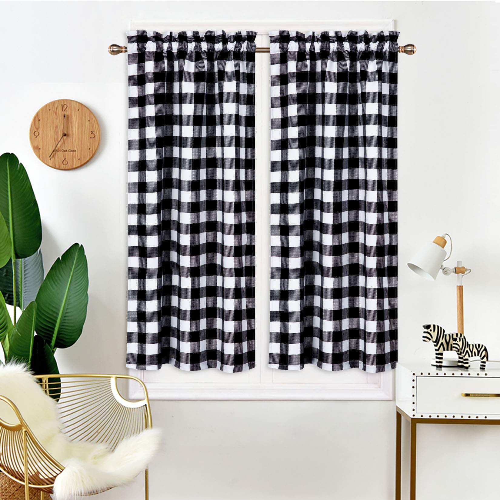 IDEALHOUSE Black and White Buffalo Check Plaid Gingham Tier Curtains - 2 Panels, 28