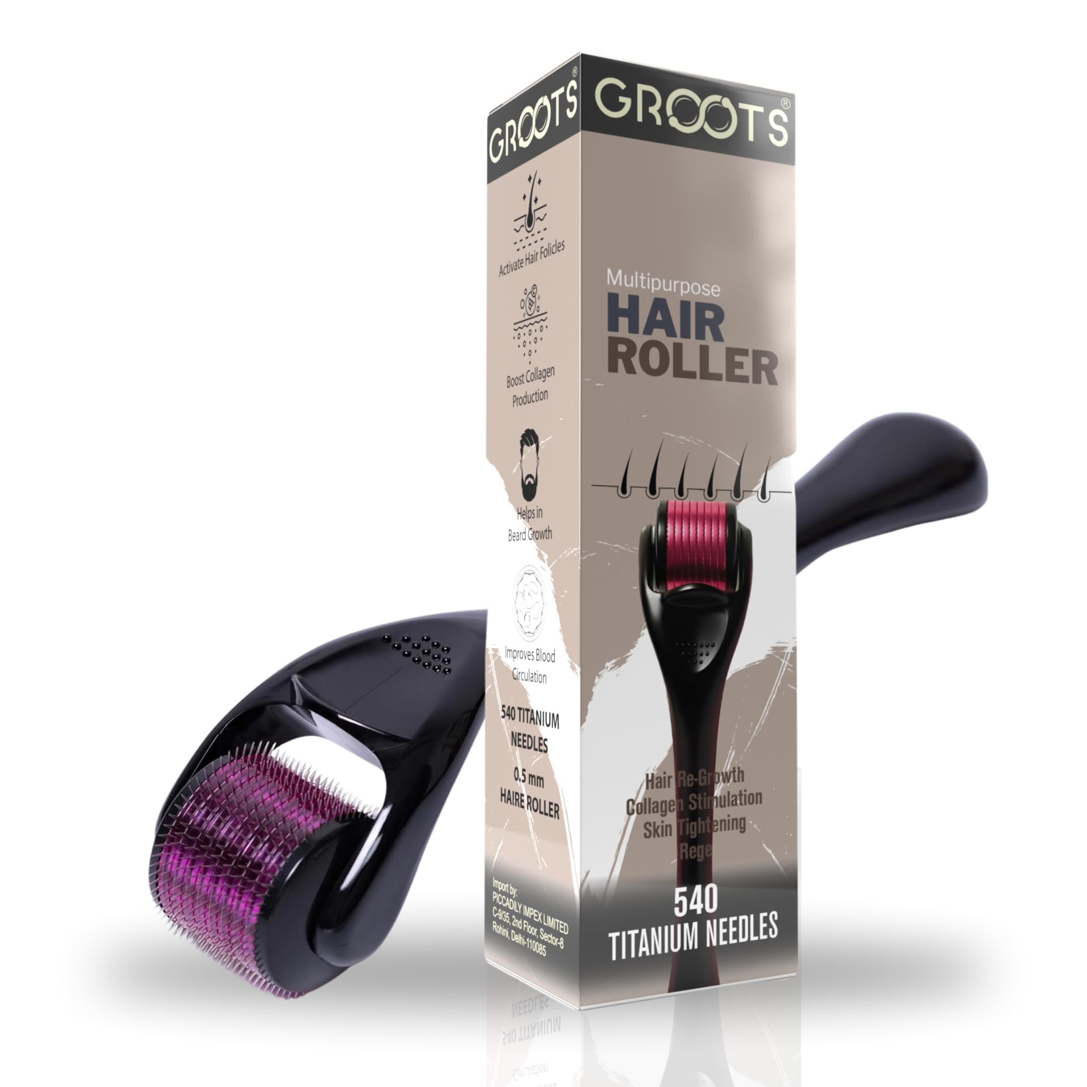 Groots Derma Hair Roller 540 Titanium Alloy Microneedle Roller for Hair Regrowth & Beard Growth | Acne Scar Treatment | Skin Rejuvenation | Hair Follicle Stimulator for Men & Women | Perfect for Home Hair Care & Facial Treatment