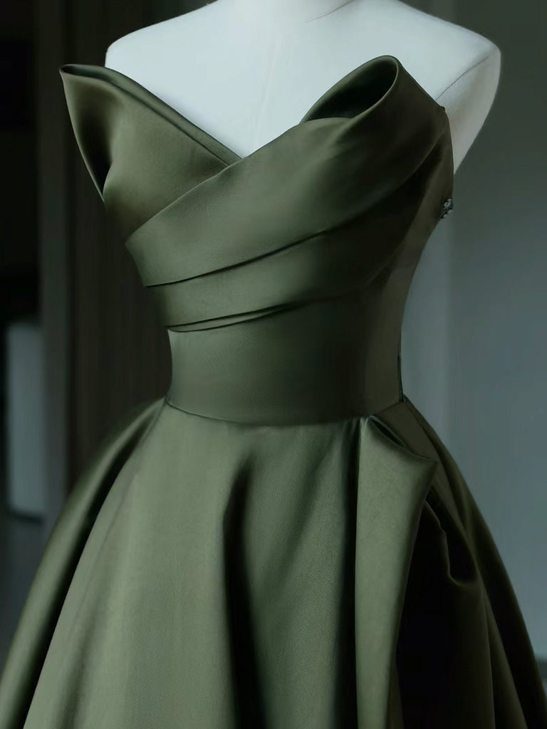 Elegant A-Line V-Neck Satin Green Long Prom Dress | Formal Evening Gown for Women | Perfect for Homecoming, Ball, Wedding & Special Occasions