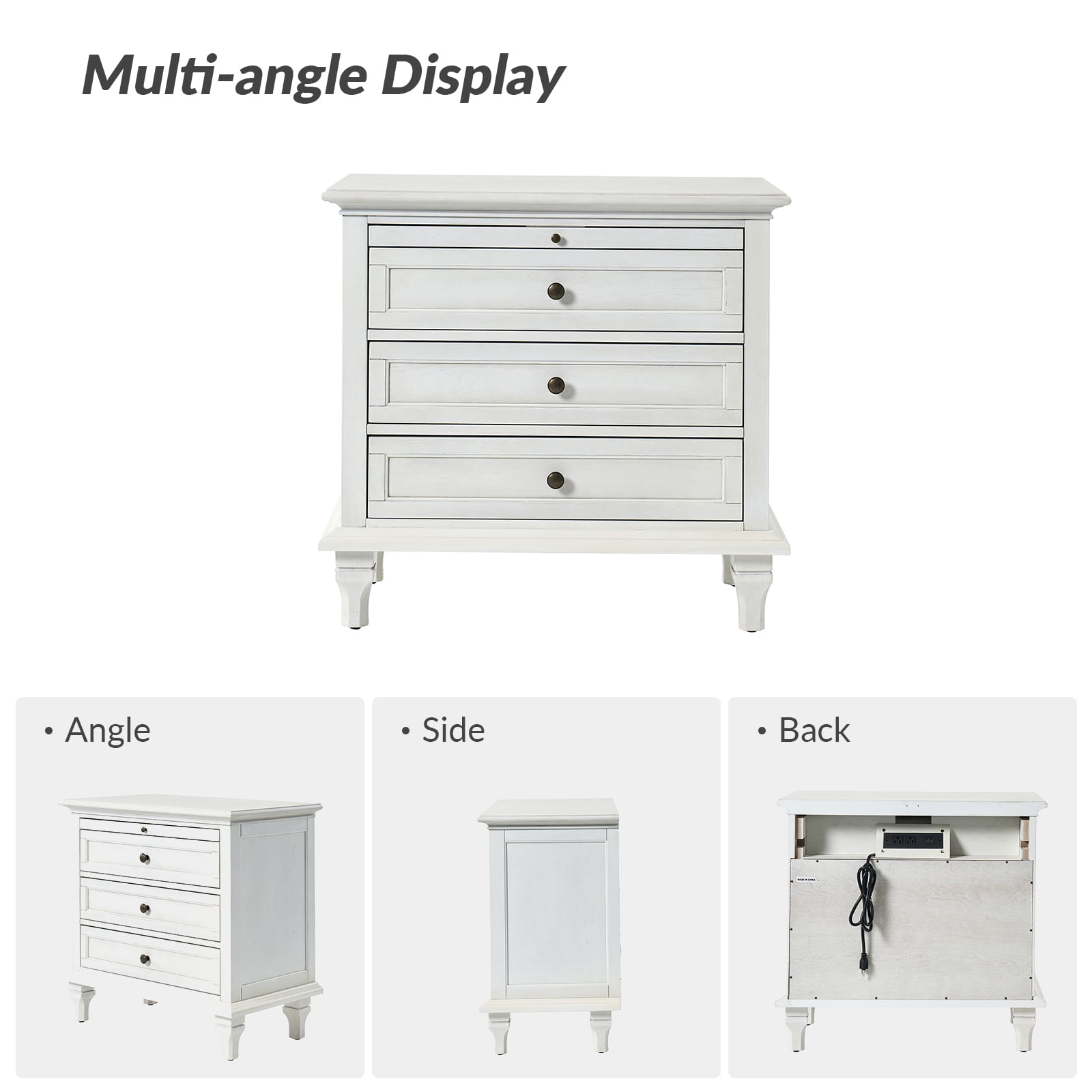 Galatea 3-Drawer Nightstand with USB Charging Ports & Power Outlets - Modern Bedside Table with Storage for Bedroom, Living Room or Office