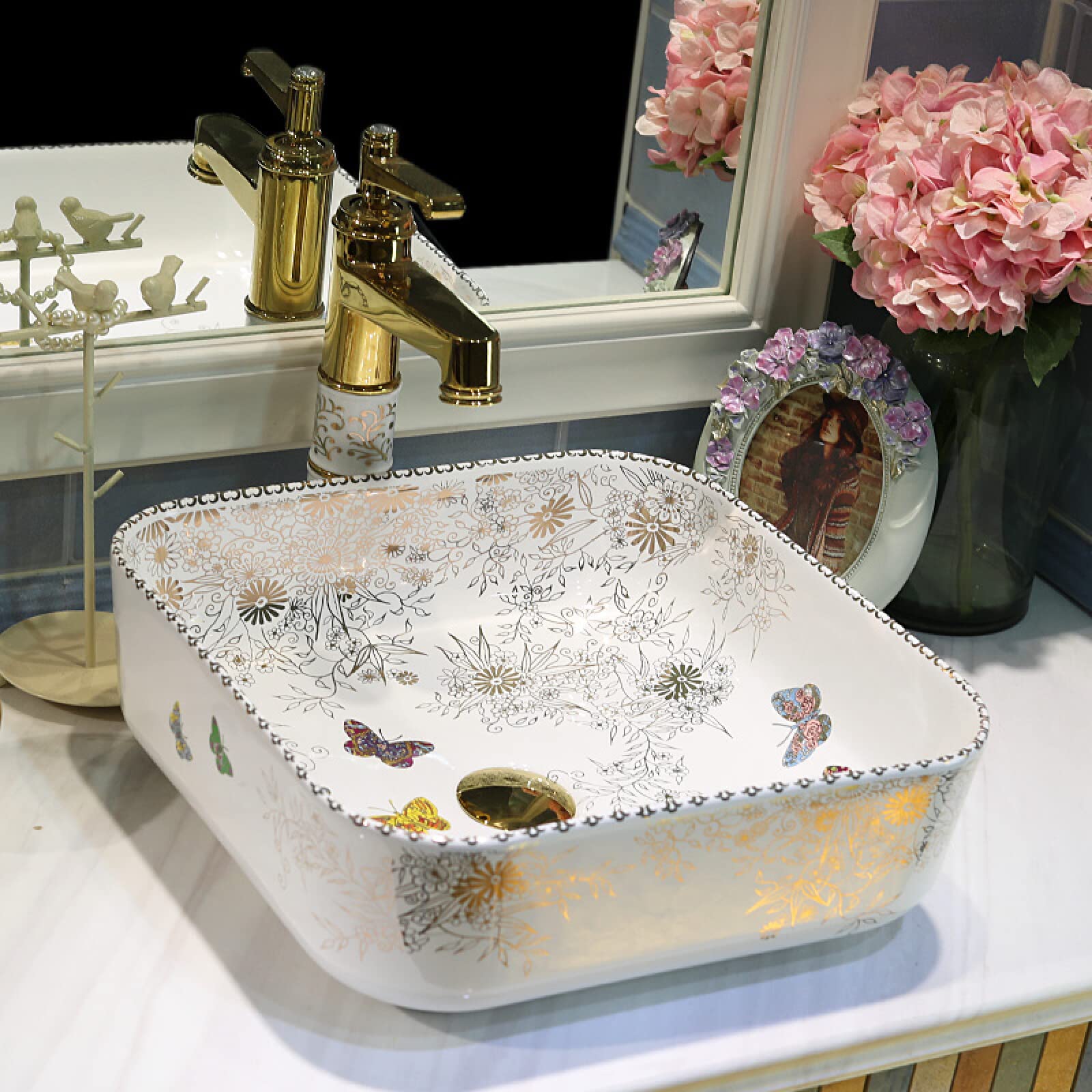 Modern Rectangular Porcelain Vessel Sink - Countertop Bathroom Vanity Basin with Butterfly Pattern, Ceramic Wash Bowl for Contemporary Bathroom Decor | Perfect for Guest Bathrooms, Master Suites & Spa Retreats