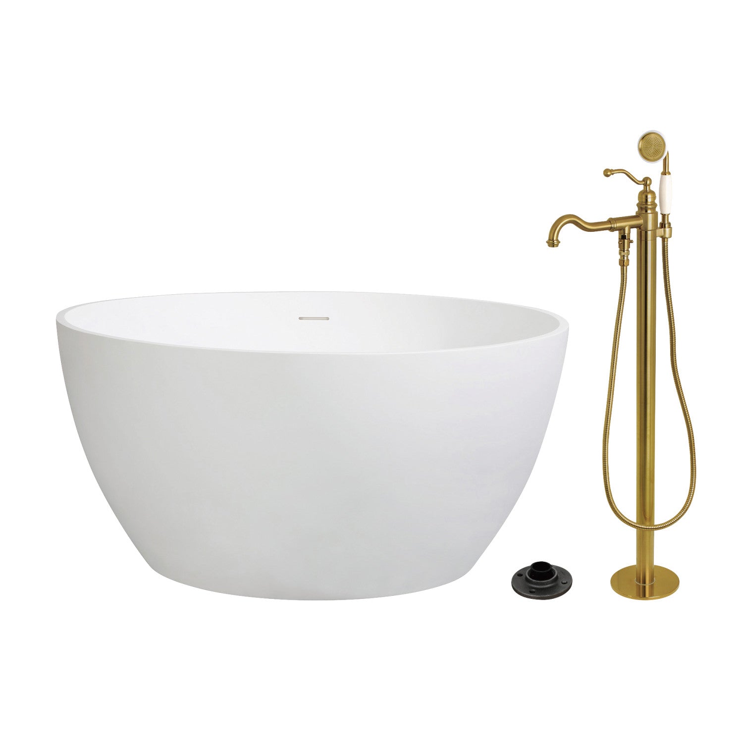 Arcticstone 45 Inch Freestanding Bathtub with Faucet - Solid Surface Round Double Ended Soaking Tub in Brushed Brass - Perfect for Luxury Bathrooms & Spa Retreats