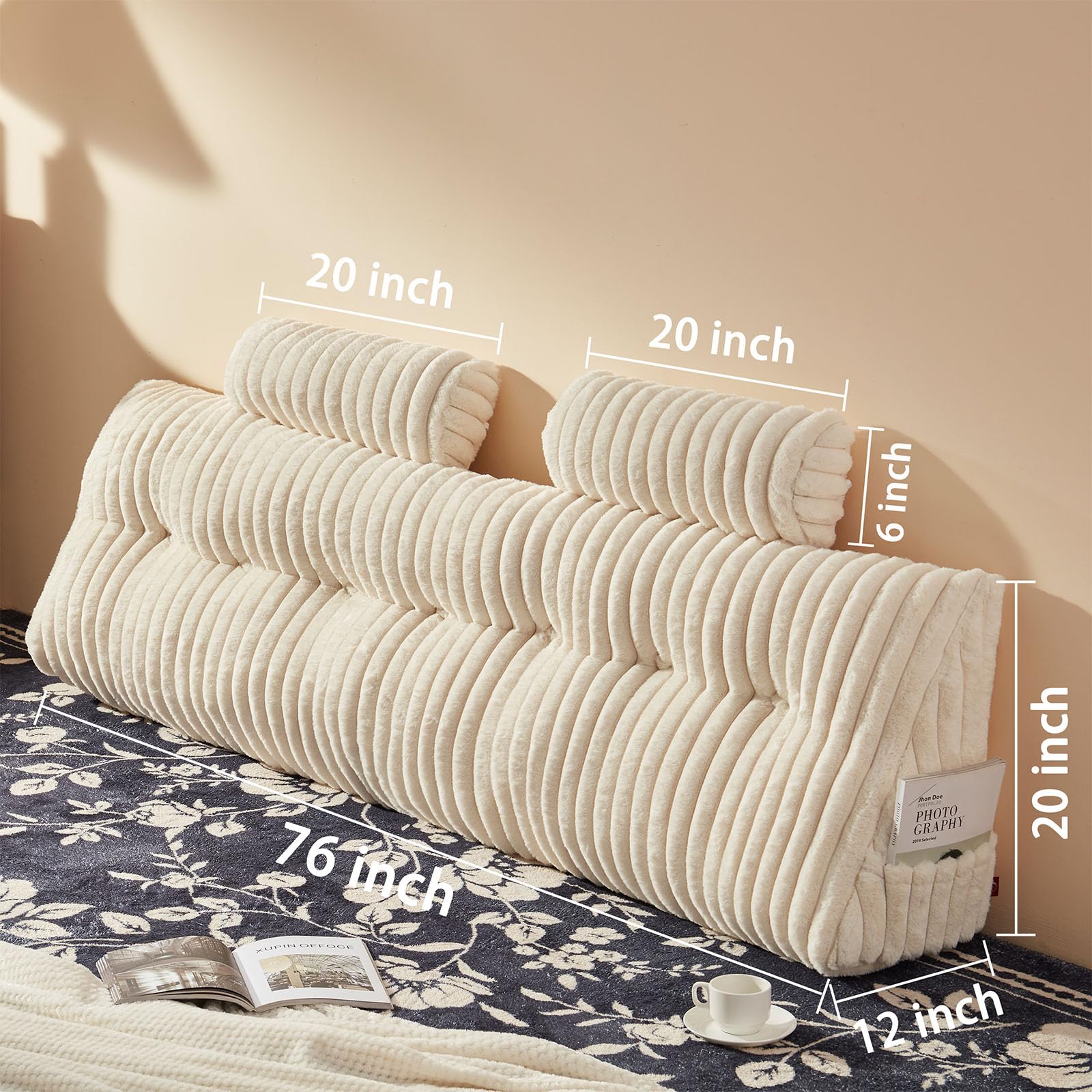 Faux Fur Headboard Pillow Set - 2 Pack Neck Roll Pillows & Large Supportive Backrest with Removable Cover (Beige, King Size) for Bedroom Decor, Reading in Bed, and Cozy Home Comfort