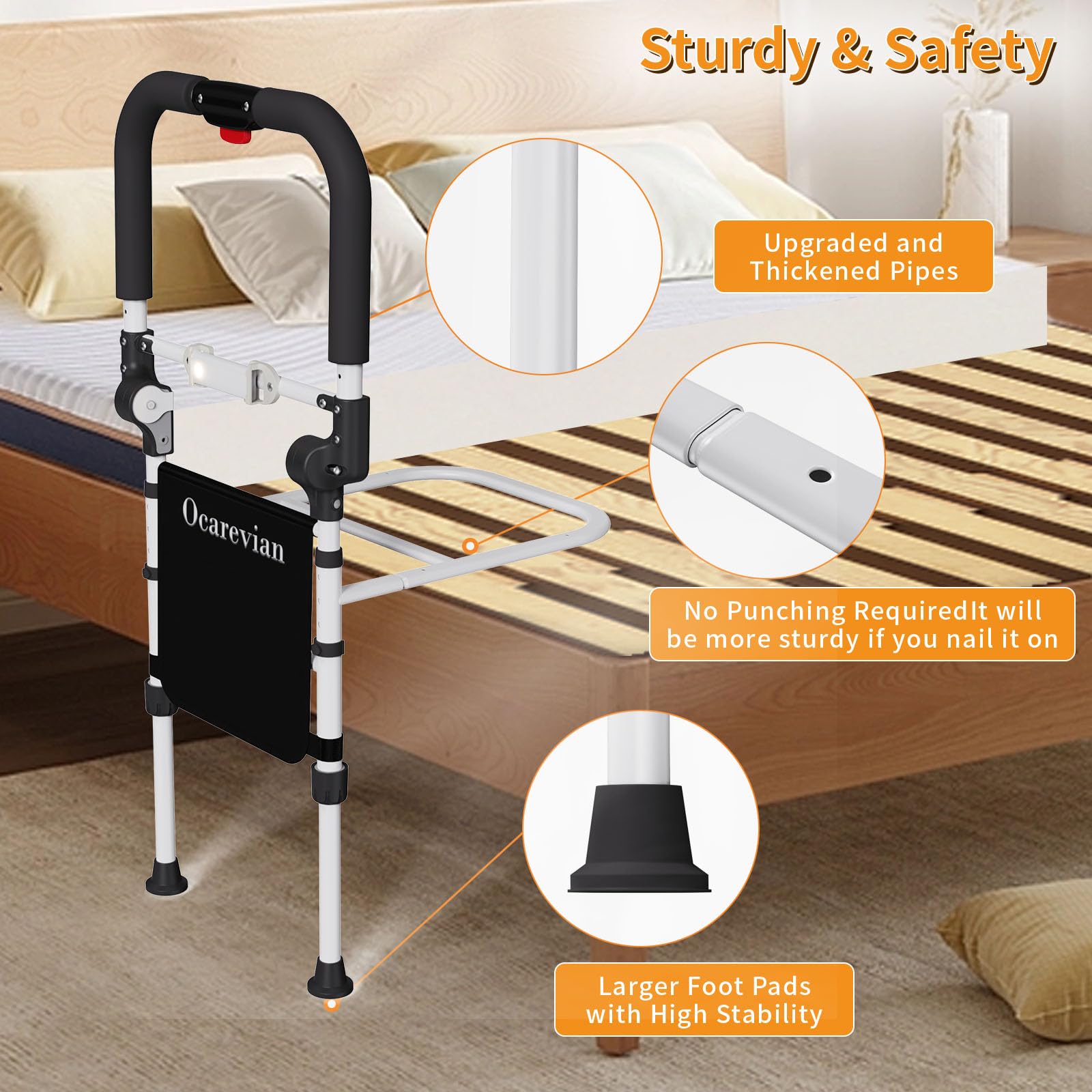 **Foldable Adjustable Bed Rails for Elderly Adults - Safety Bed Handrails with Light & Storage Bag - Fits Queen, Twin & King Beds - Ideal for Seniors, Home Care & Fall Prevention**