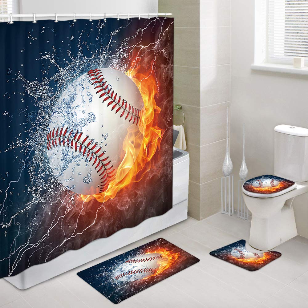 JAWO Baseball Themed Shower Curtain Set - Water & Fire Design Sports Decor for Bathroom Includes Shower Curtain, Rugs & 12 Hooks | Perfect for Baseball Fans' Bathroom Decor & Sports-Themed Home Accessories