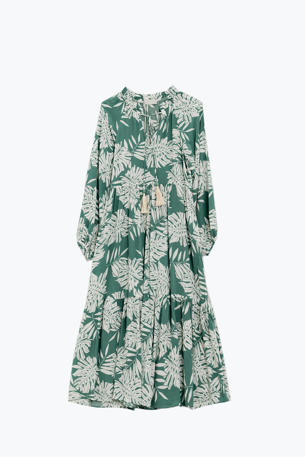 Boho Long Sleeve Balloon Robe with Leaf Print in Green - Perfect for Yoga, Beach Cover-Up, and Relaxing at Home