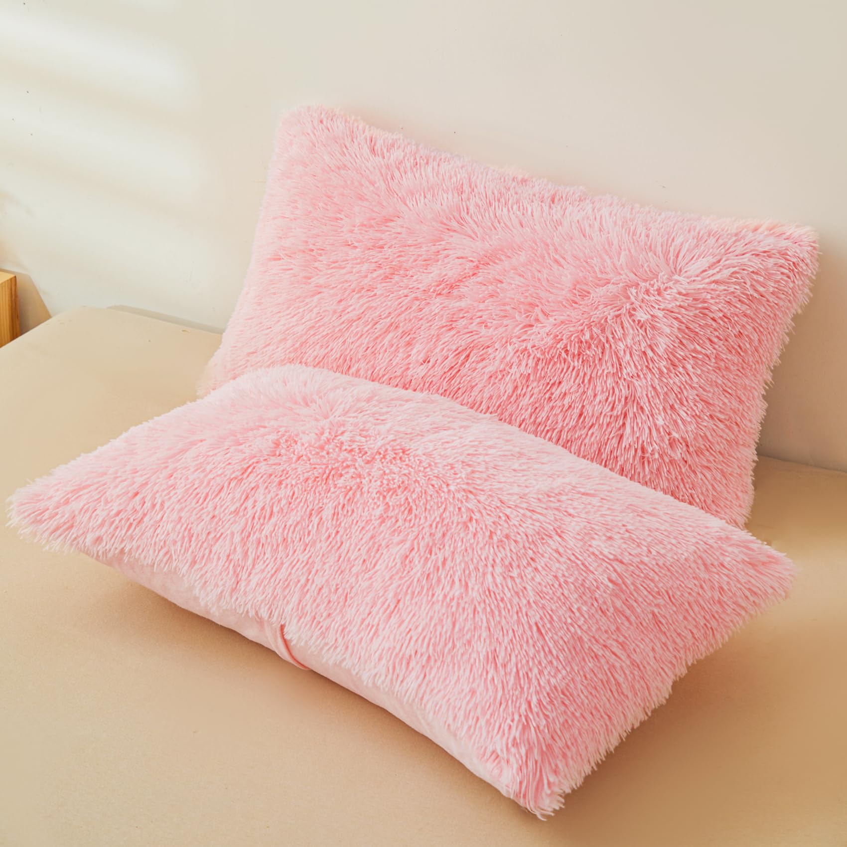 Fluffy Pink Faux Fur Comforter Cover Set - Ultra Soft Plush Bedding 3 Piece Set (1 Duvet Cover + 2 Pillowcases) for Queen Size Bed - Cozy Winter Bedroom Decor & Luxury Home Essentials