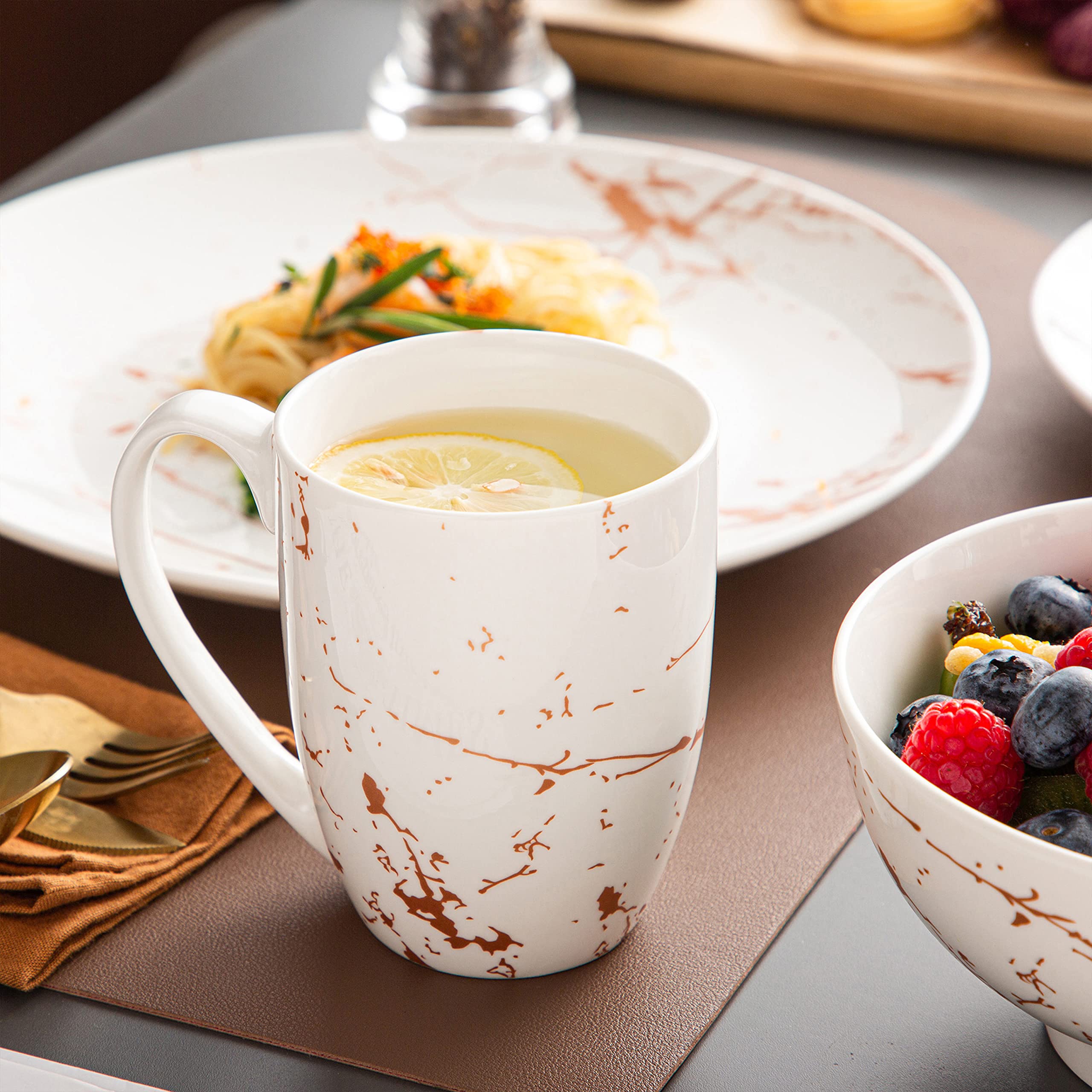 LOVECASA 32-Piece White Porcelain Dinnerware Set with Gold Splash for 8 - Dishwasher & Microwave Safe for Everyday Dining