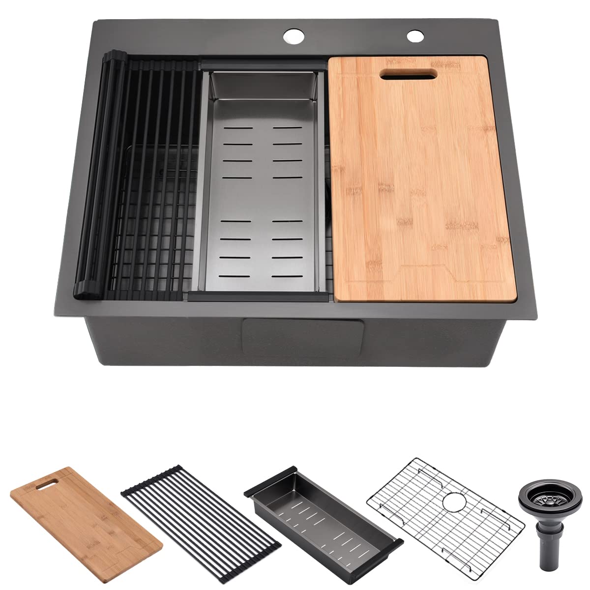 25 Inch Black Drop-in Kitchen Sink - 16 Gauge Nano Black Stainless Steel Workstation Sink with Accessories | Durable & Scratch-Resistant | Perfect for Modern Kitchens, Restaurant Prep, and Home Renovation