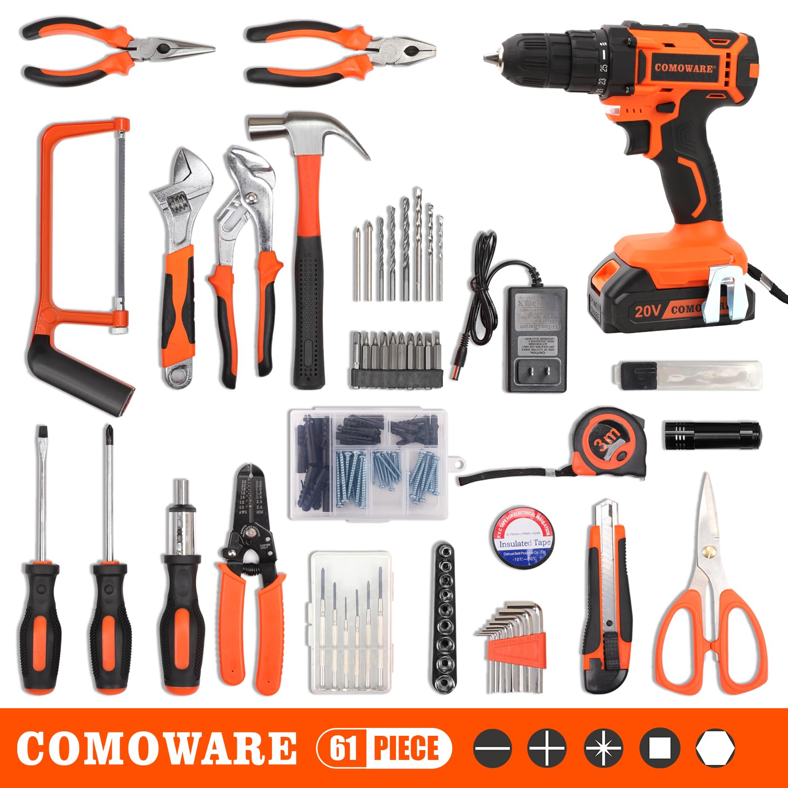 COMOWARE 20V Cordless Drill Set with 120-Piece Tool Kit - Electric Power Drill Driver for Home Repair, DIY Projects & Garden Maintenance - Complete Household Tool Set for Men & Women
