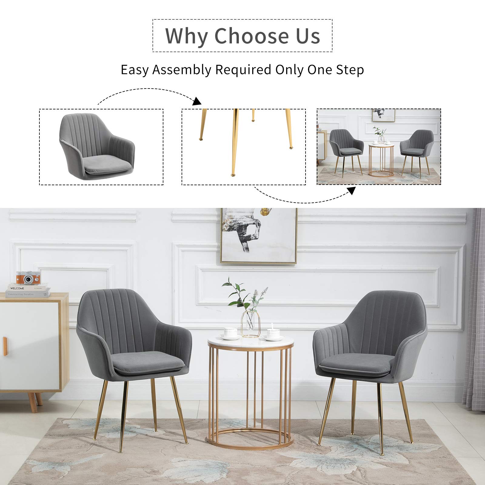 AVAWING Mid-Century Modern Velvet Dining Chairs Set of 4 - Grey Upholstered Accent Armchairs with Golden Legs for Living Room, Dining Room & Guest Seating | Perfect for Home Decor, Entertaining & Comfortable Gatherings