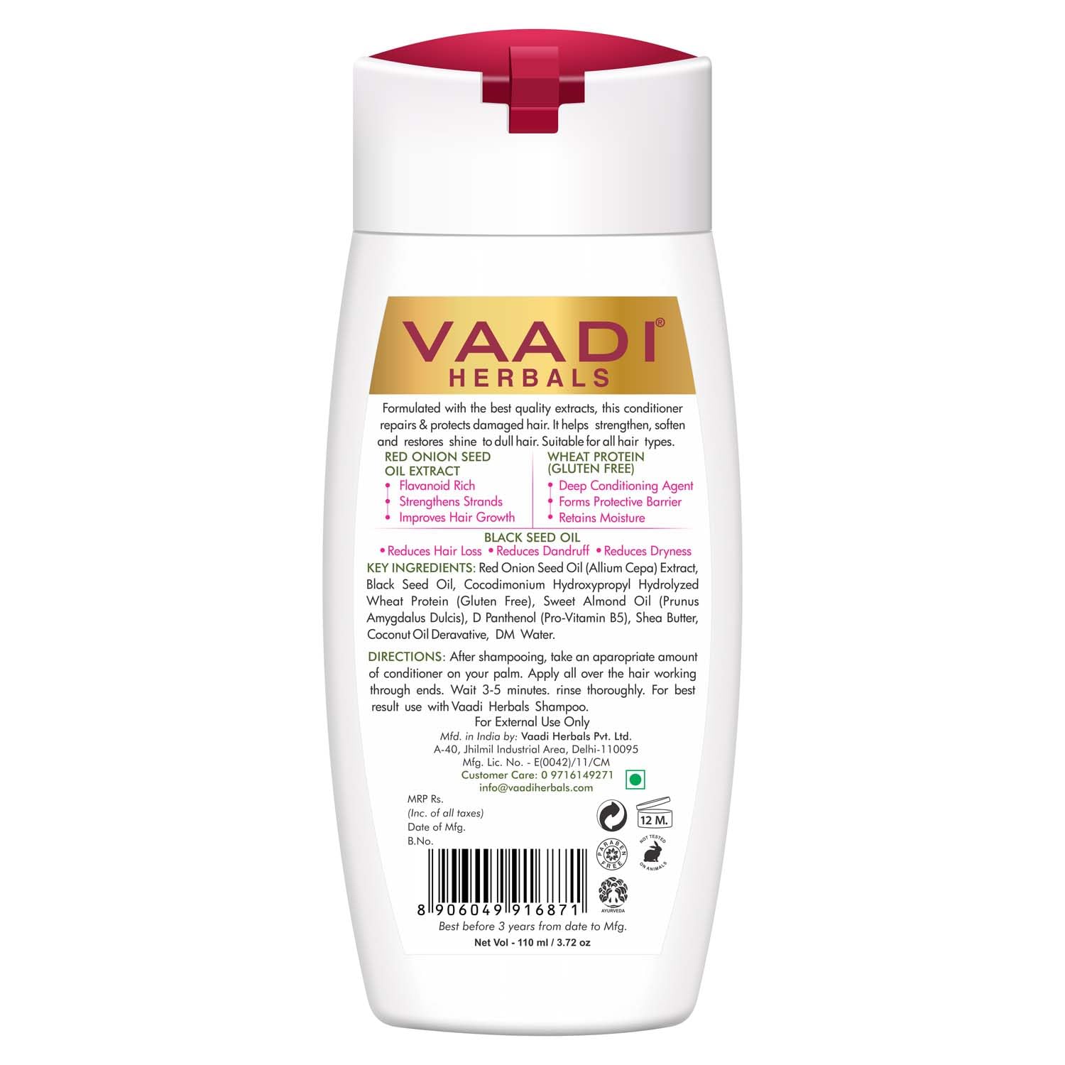 Vaadi Herbals Onion Hair Fall Conditioner for Dry Damaged Hair - Sulfate Free with Onion Extract, Black Seed Oil & Wheat Protein - Deep Hydration for Frizzy Hair - Perfect for Daily Hair Care & Repair (110ml)