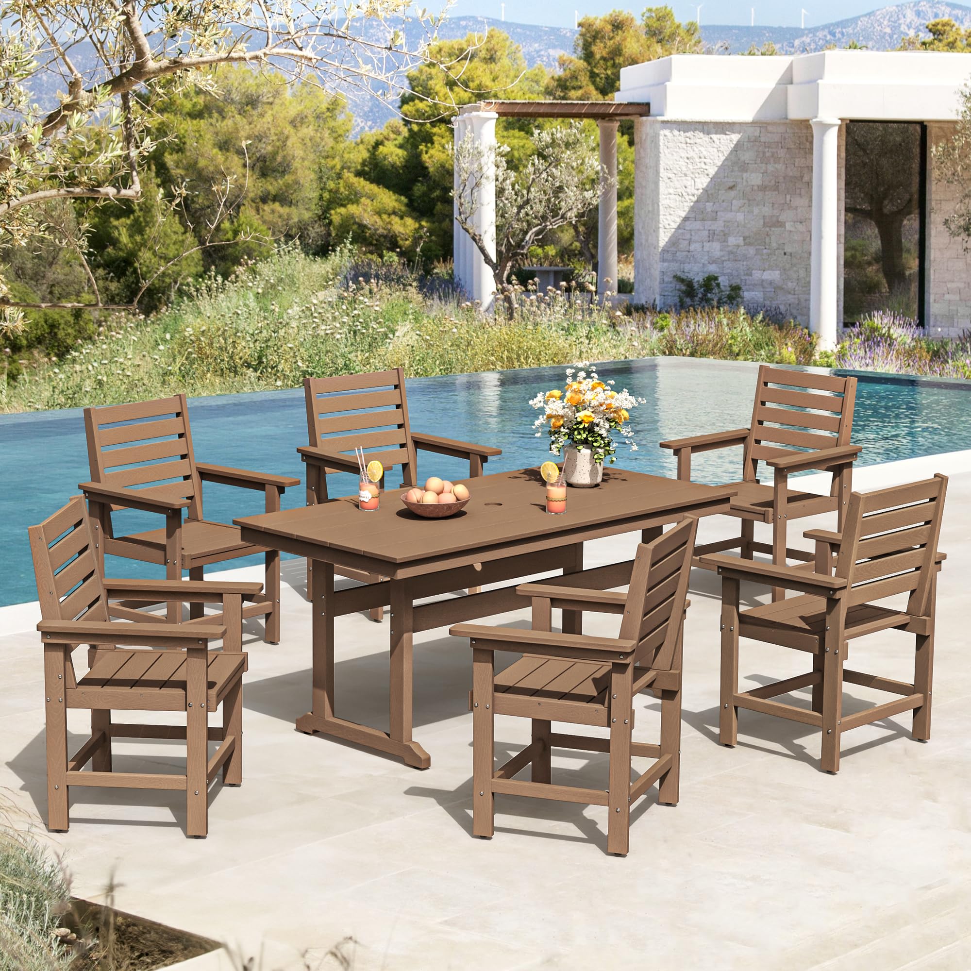 7-Piece HDPE Weather-Resistant Outdoor Dining Set with Umbrella Hole - Rectangle Patio Table & 6 Chairs - Light Brown Balcony Furniture for Backyard, Garden & Poolside Gatherings