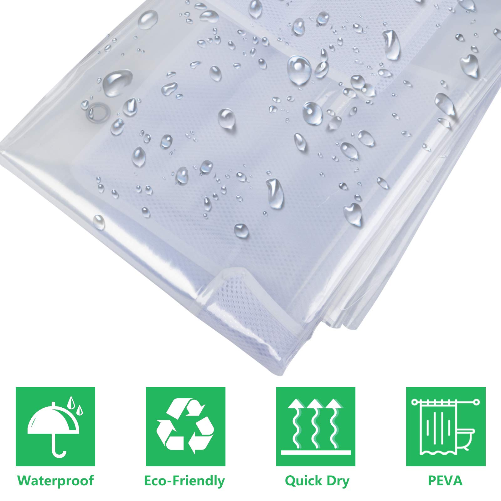 Clear PEVA Plastic Shower Curtain Liner - 71x71 Inch Quick Dry Bathroom Shower Curtain with 9 Storage Pockets for Shower Stall & Bathtub - Perfect for Small Bathrooms, Apartments & Dorm Rooms