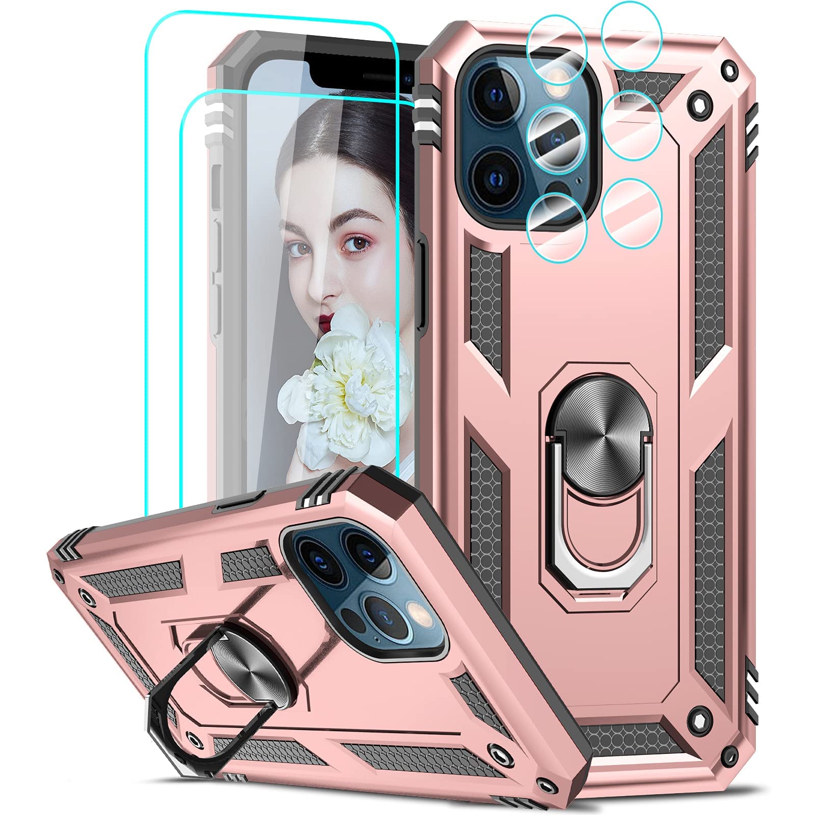 LeYi iPhone 12 Pro Max Case with [2 Pack] Tempered Glass Screen Protector & Camera Lens Protector - Military-Grade Shockproof Phone Cover for Women & Men in Rose Gold - Perfect for Outdoor Activities, Work & Daily Protection