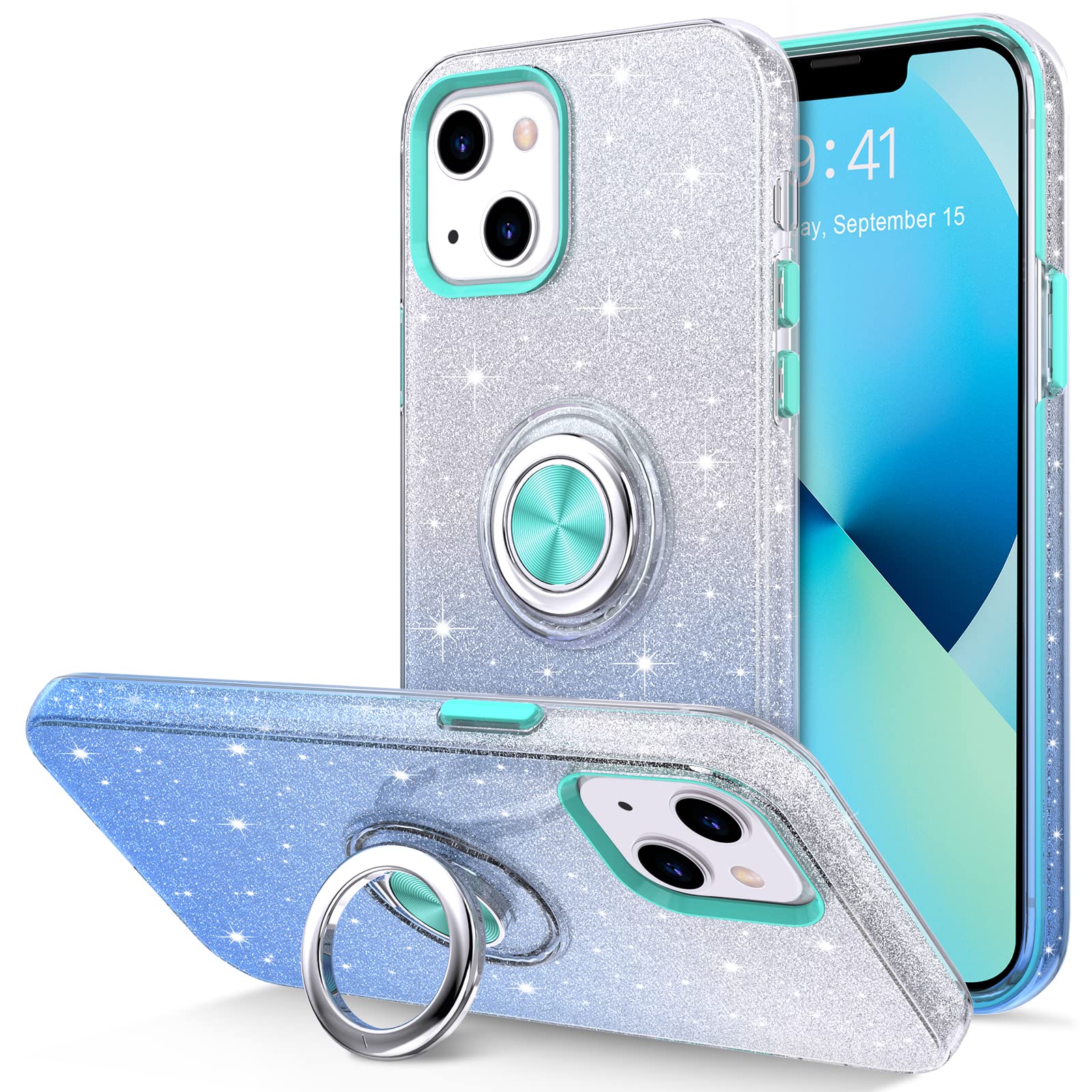 Hython Magnetic Phone Case for iPhone 13 with 360° Rotatable Ring Stand & Kickstand - Glitter Bling Sparkle Hybrid Slim Protective Cover for Women (Blue) | Perfect for Car Mounting, Hands-Free Viewing & Everyday Protection