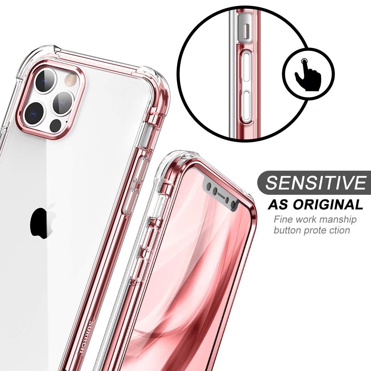 SURITCH Clear Shockproof Phone Case for iPhone 12 Pro Max 6.7-inch with Built-in Screen Protector | Full Body Protection Rugged Cover (Rose Gold) | Perfect for Outdoor Activities, Work & Daily Use