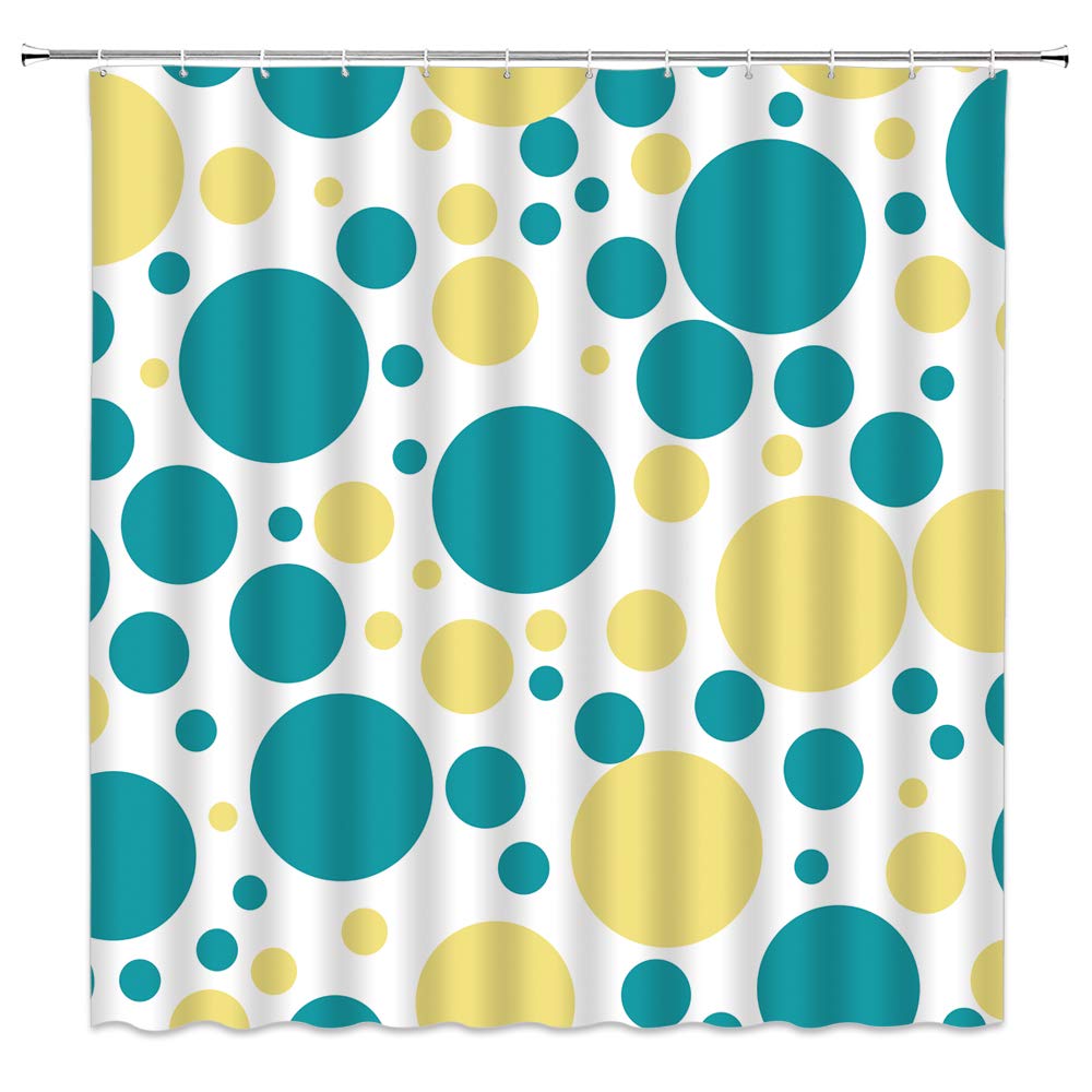 Blue & Yellow Polka Dot Shower Curtain - Vintage Bohemian Geometric Pattern Bathroom Decor Set with Hooks | Waterproof Fabric for Modern & Classic Bathrooms