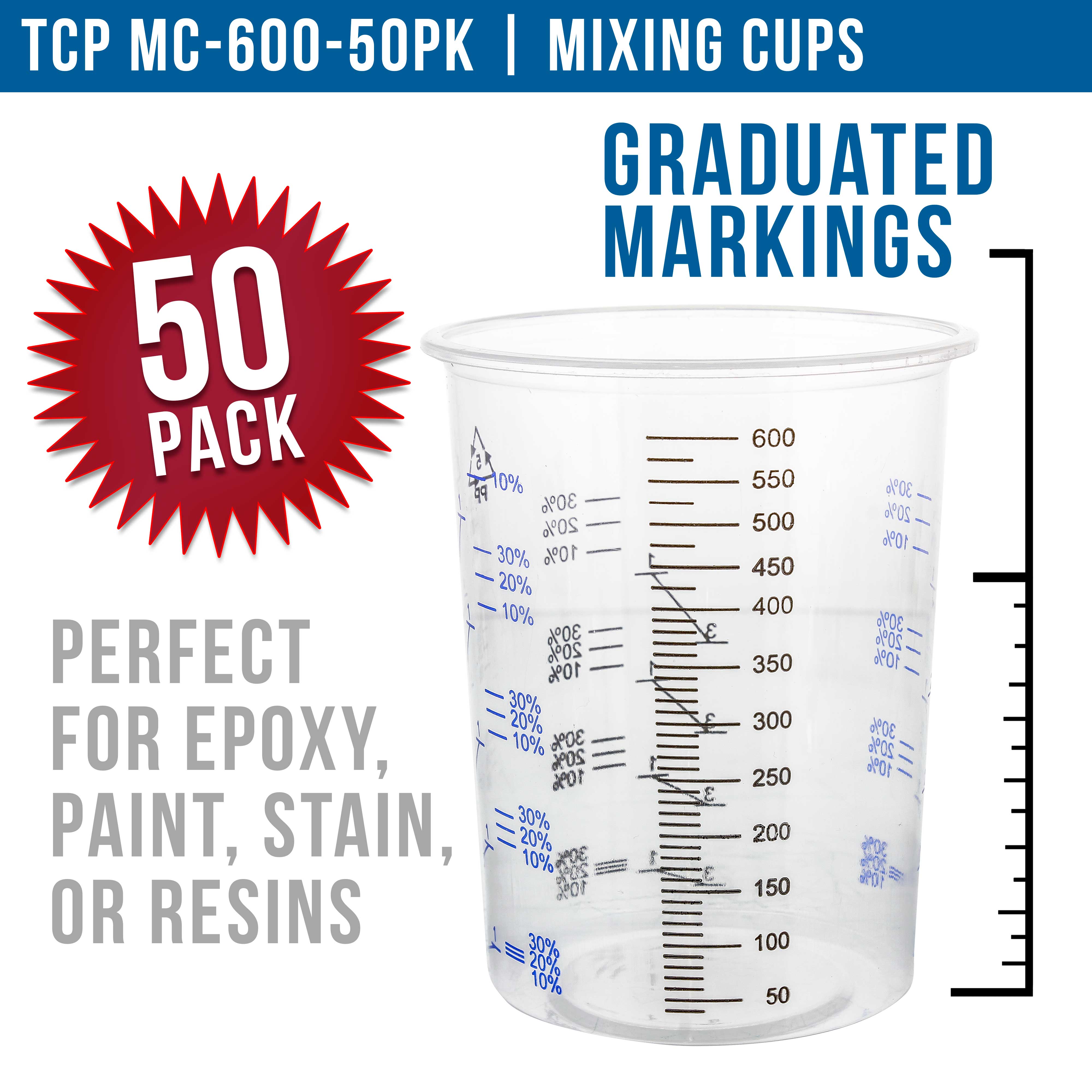 TCP Global 20oz (600ml) Disposable Plastic Mixing Cups - Clear Graduated Measuring Cups for Paint, Resin, Epoxy, Art & Kitchen Use - Pack of 50 - Perfect for DIY Projects, Baking & Crafting