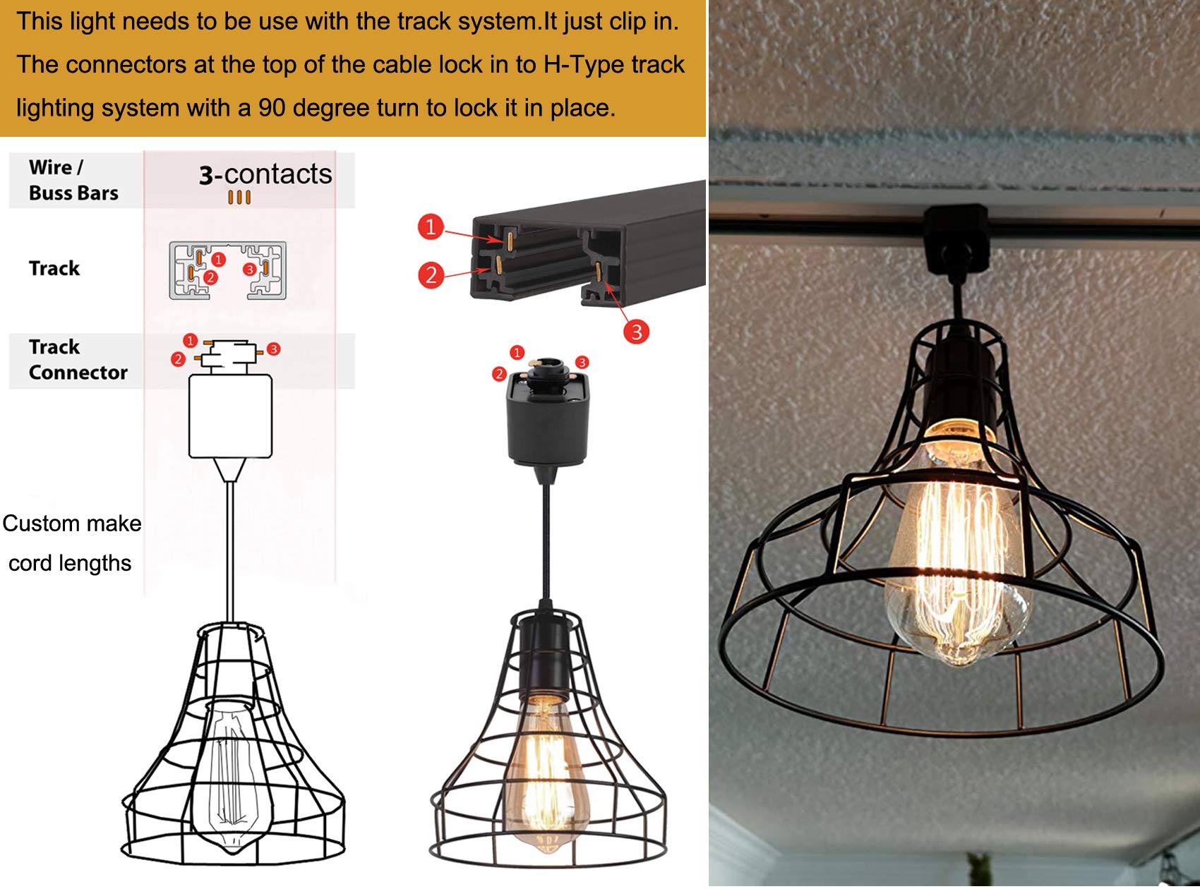 Kiven 3-Light H-Shaped Track Hanging Lamp - Minimalist Iron Cage Pendant Light in Retro Scandinavian Style for Loft, Dining Room & Kitchen Lighting