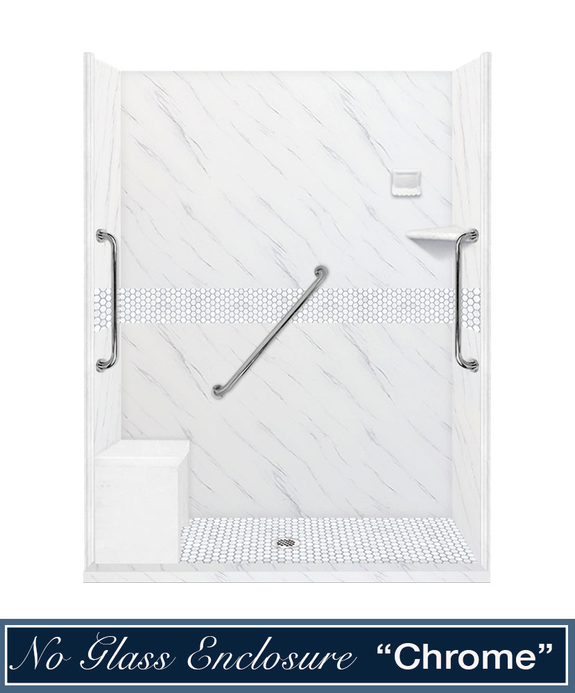 Freedom 60 Alcove Carrara Medici Marble & Pearl Hex Mosaic Tile - DIY Shower Remodel Kit for Bathroom & Backsplash Upgrade | Waterproof & Easy Installation