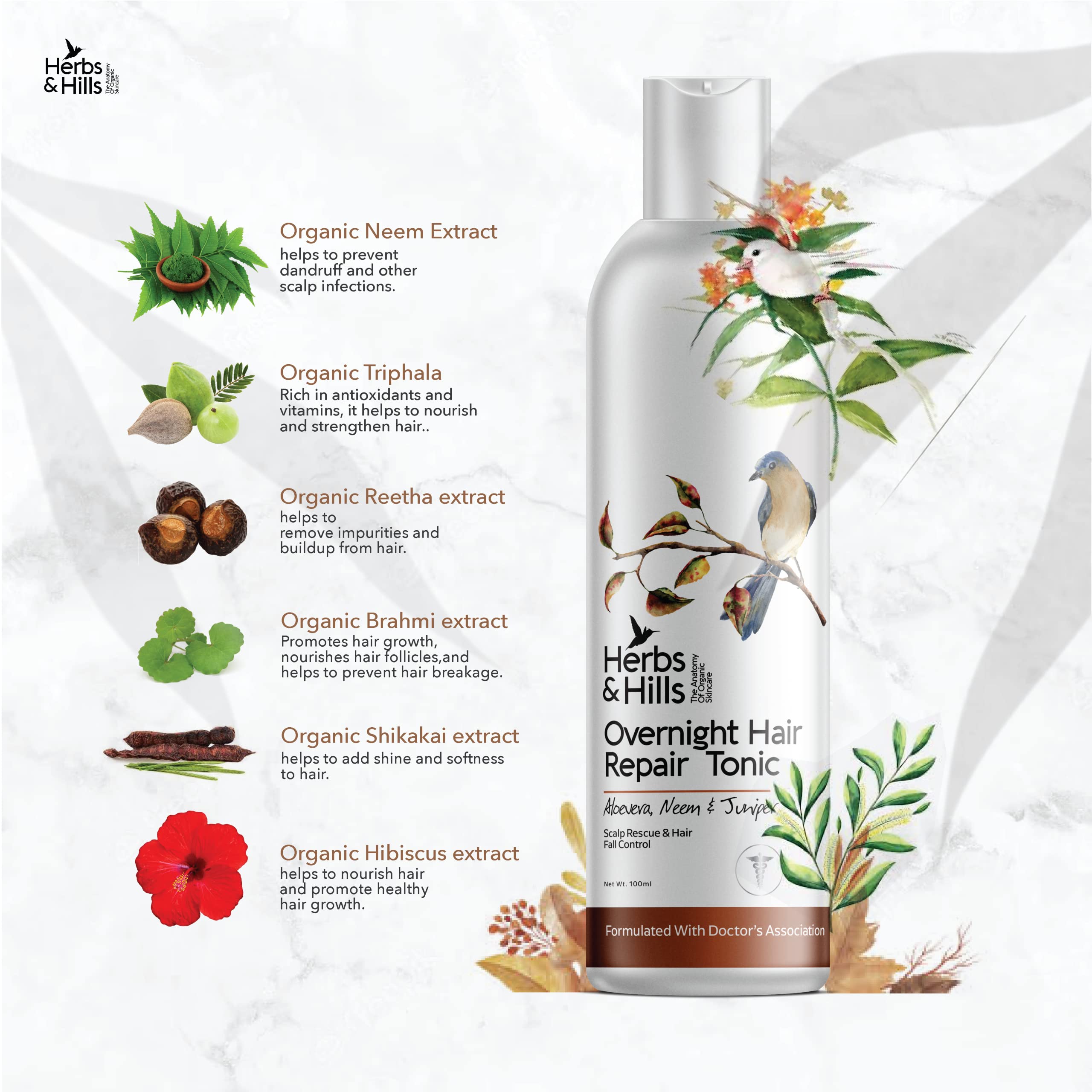 Herbs & Hills Overnight Hair Repair Tonic 100ml - Aloe Vera, Neem & Juniper Infused Treatment for Dry Hair & Scalp Rescue | Controls Hair Fall, Reduces Dandruff | Promotes Healthy Hair Growth for Men & Women | Perfect for Nighttime Hair Care Routine & Damaged Hair Recovery