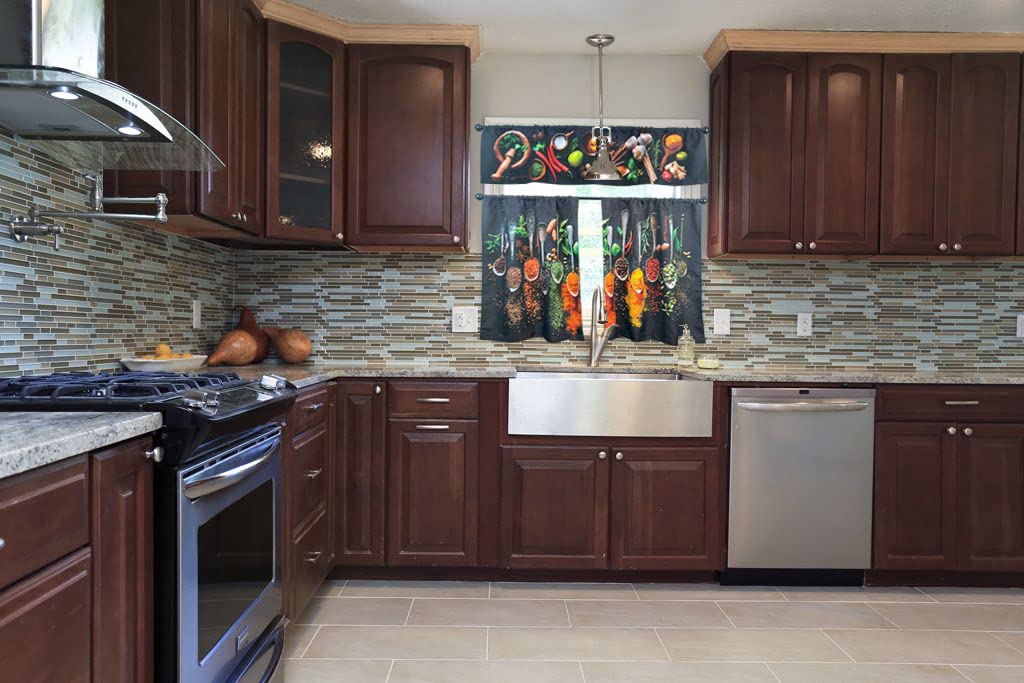 UpNUpCo Artistic Spicy Kitchen Curtain Set - 3-Piece Spicy Themed Fabric Window Treatment with Valance for Mexican, Southwestern & Eclectic Home Decor - Perfect for Kitchens, Dining Rooms & Farmhouse Style Interiors